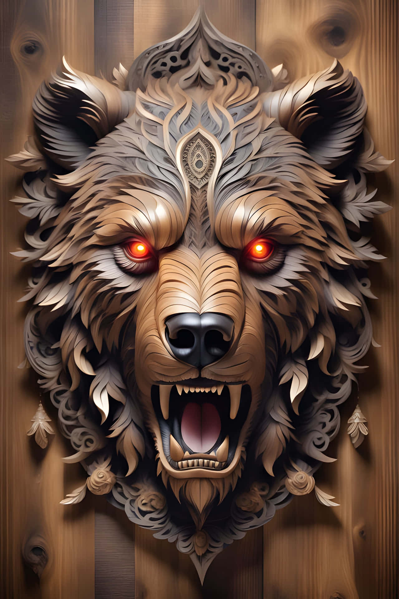 Ornate Carved Bear Sculpture with Glowing Details 壁紙 — 一個兇猛、雕刻精細的木製熊頭，帶有發光的紅色眼睛，安裝在質樸的木牆上。