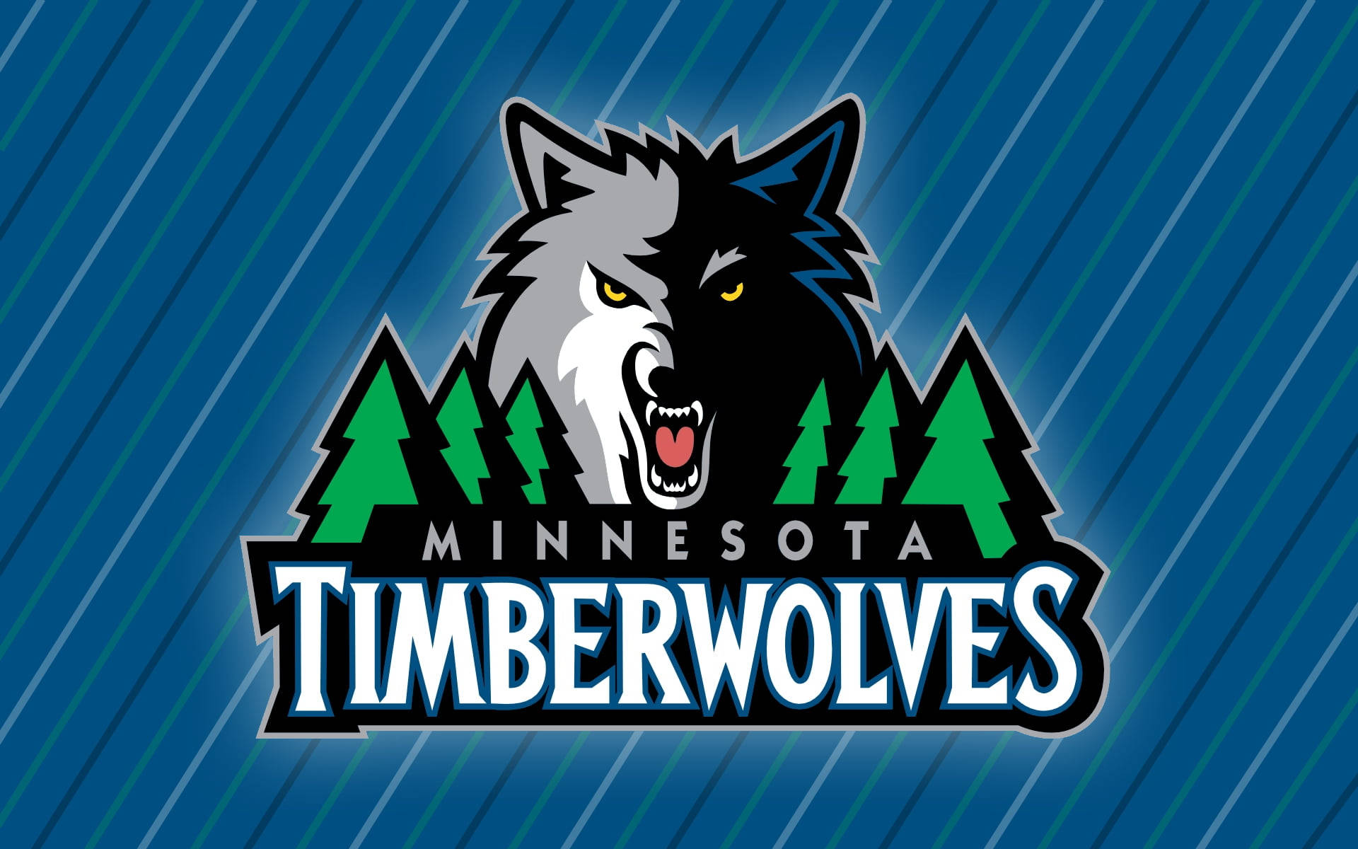 Timberwolves 桌布 壁紙 — 一個兇猛半黑半灰的狼標誌，黃色眼睛，在藍色對角條紋背景上的綠色松樹後面咆哮。