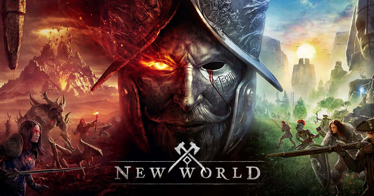 New World 桌布 壁紙 — 一個兇猛戰士的發光紅眼主導了奇幻戰鬥場景，戰士與怪物在火紅的天空下交戰。