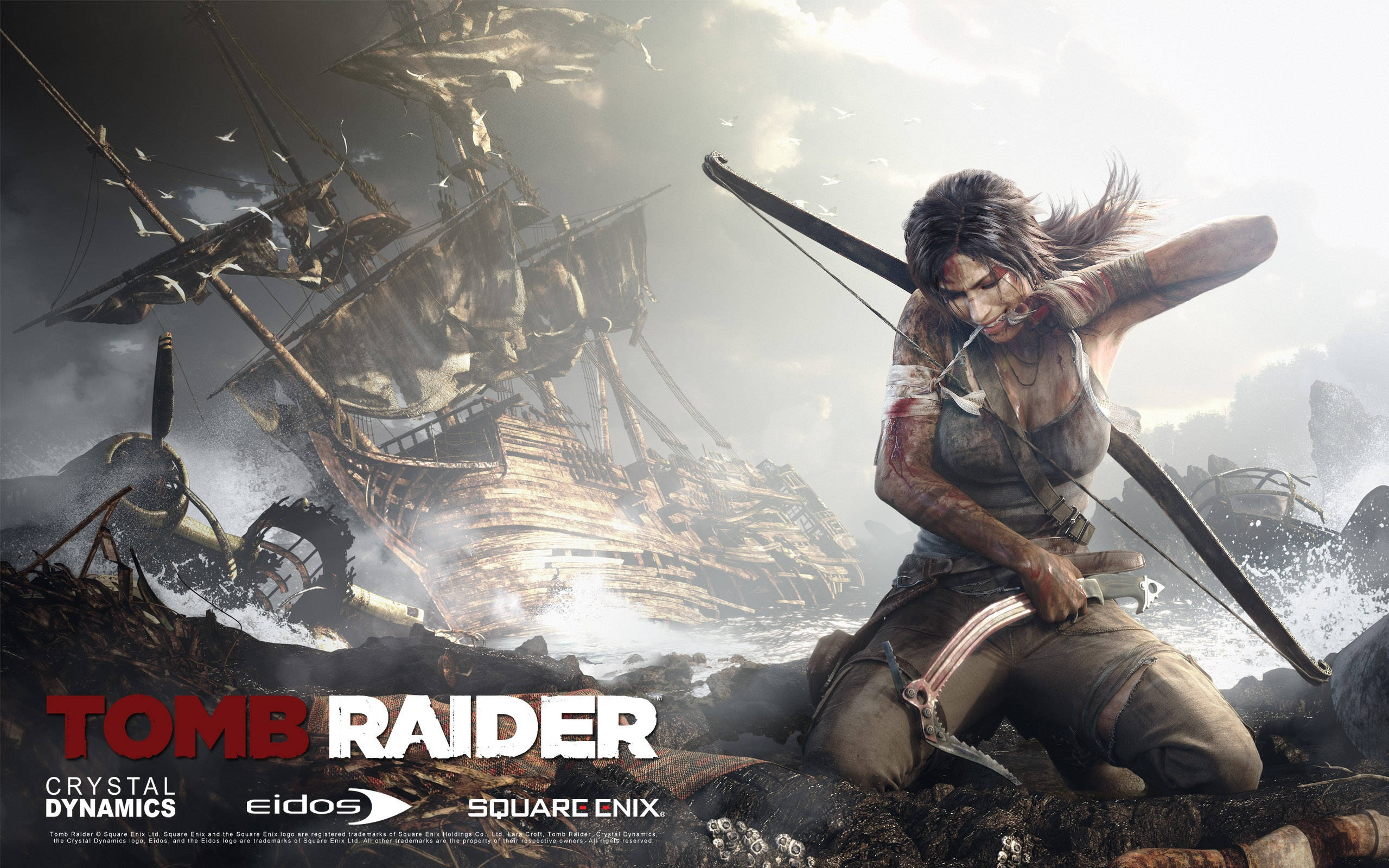 遊戲 桌布 壁紙 — 一個兇猛的 Tomb Raider 戰士在暴風雨的海中一艘沉船的殘骸中拉弓。
