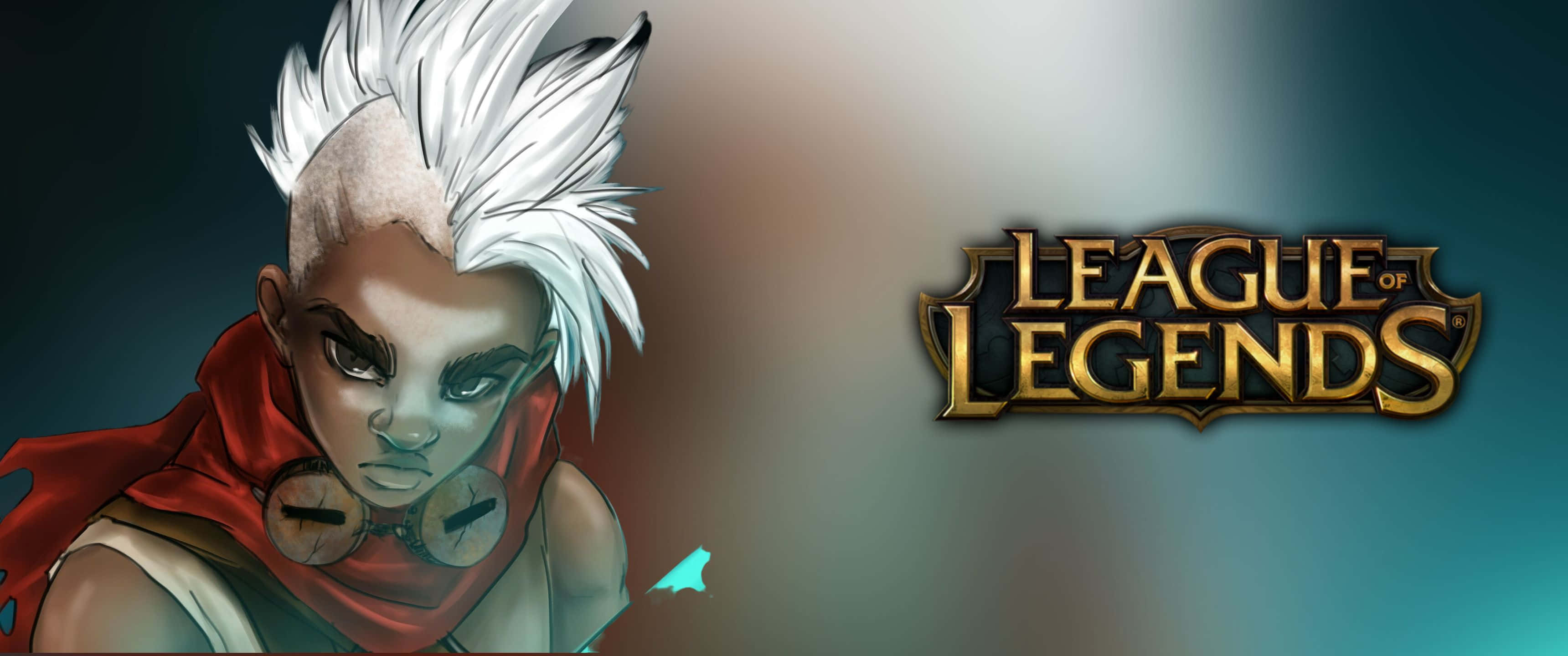 games 桌布 壁紙 — 一個兇猛的《英雄聯盟》角色，擁有尖刺白髮和紅色圍巾，在漸變背景前強烈凝視。