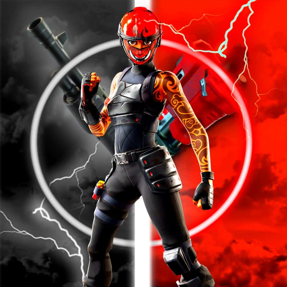手機 桌布 壁紙 — 一個兇猛的Fortnite角色，戴著紅色頭盔和黑色盔甲，站在風暴黑色和火紅閃電背景之間。