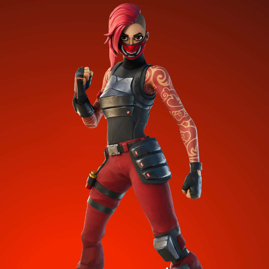 Fortnite 桌布 壁紙 — 一個兇猛的Fortnite角色，紅髮戴面具，自信地站在大膽的紅色背景前。