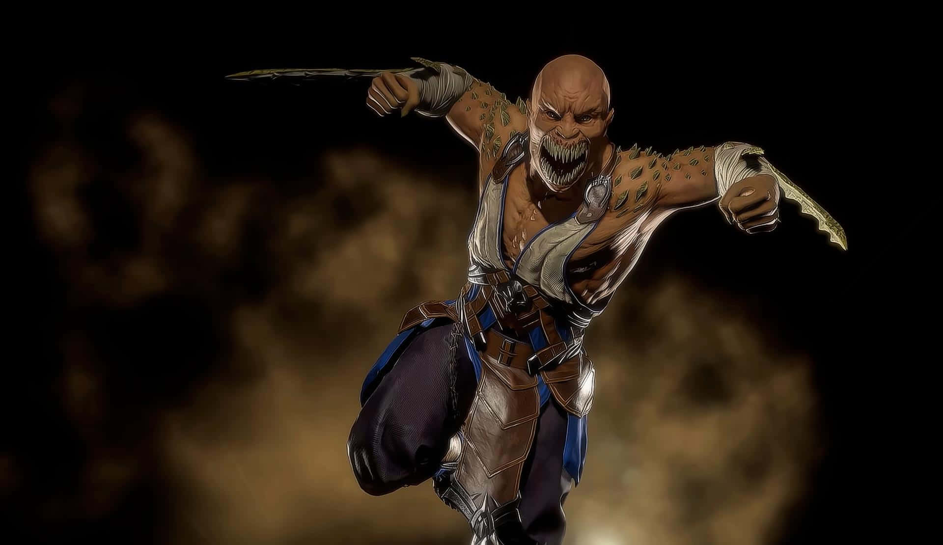 Mortal Kombat Baraka 桌布 壁紙 — 一個兇猛的光頭戰士，擁有鋸齒狀牙齒和帶爪的護手，在煙霧瀰漫的黑暗背景下向前猛撲。