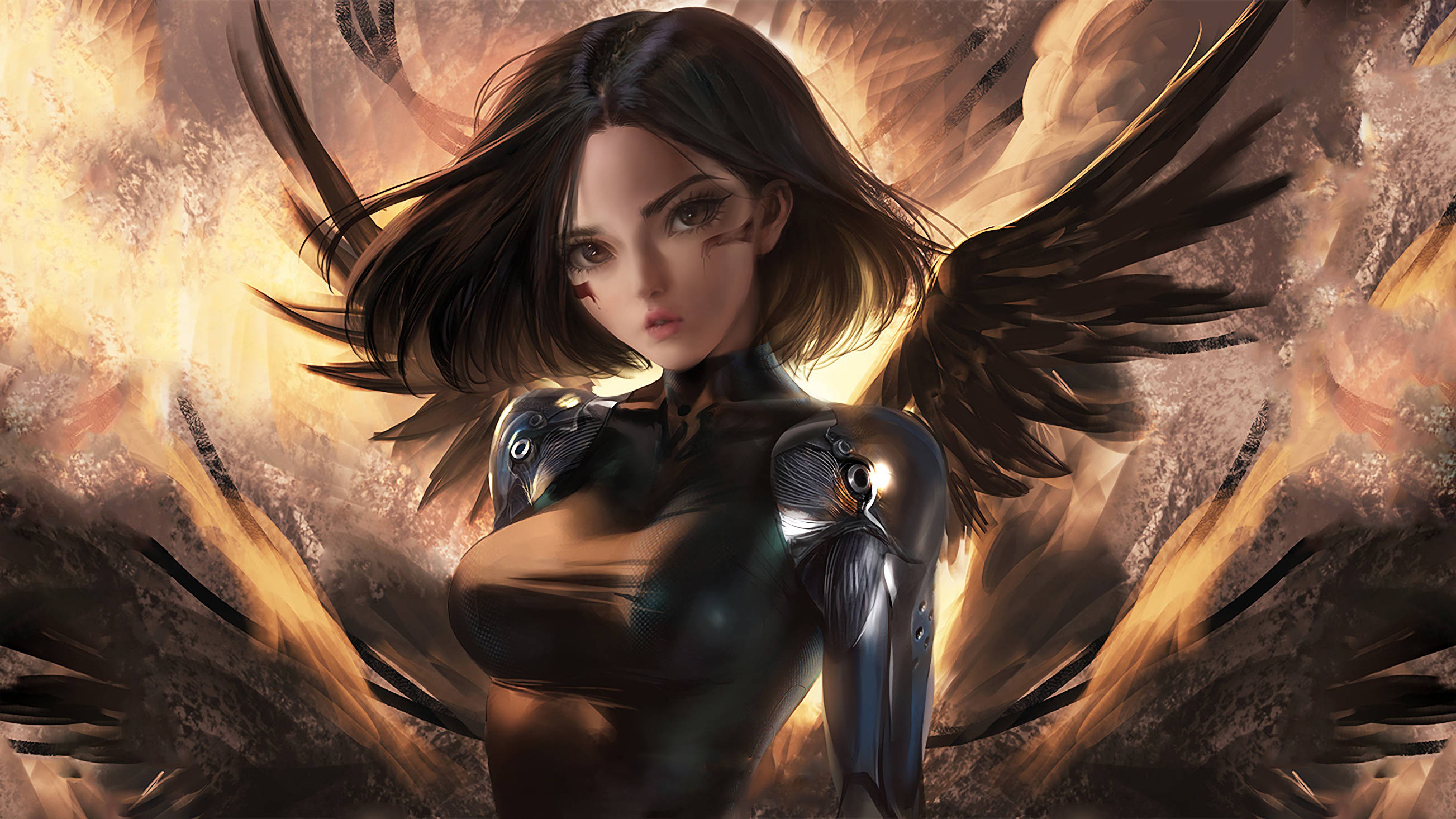 Alita Battle Angel 桌布 壁紙 — 一個兇猛的動漫女人，擁有黑色翅膀和機械手臂，站在旋轉的金色火焰之中。
