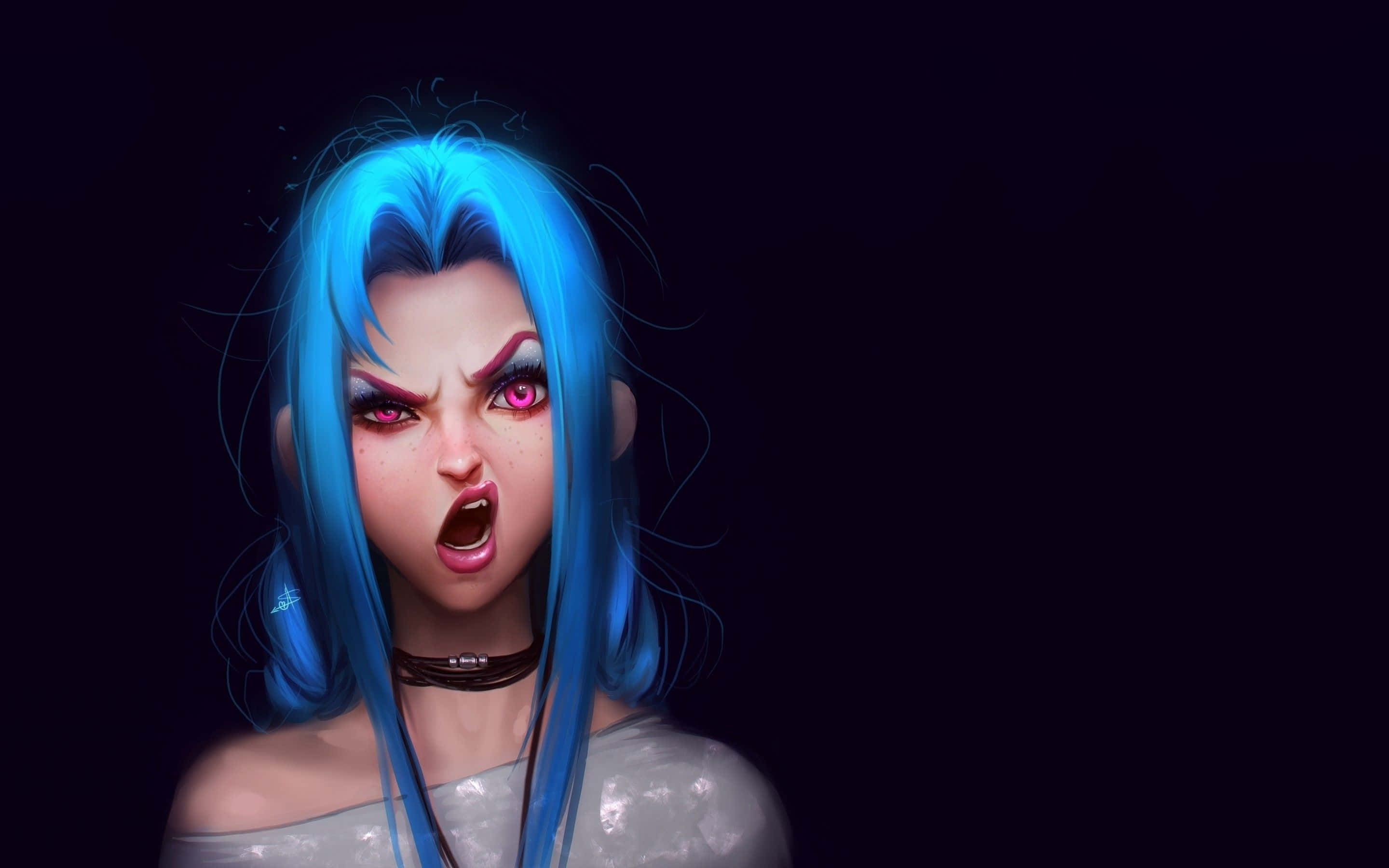Jinx 桌布 壁紙 — 一個兇猛的動漫女孩，擁有發光的藍色頭髮和粉紅色的眼睛，對著黑暗的背景咆哮。