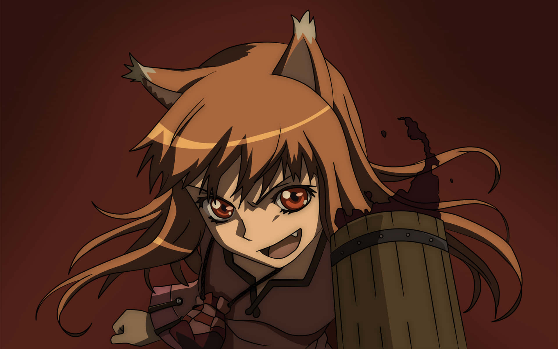 Spice And Wolf 桌布 壁紙 — 一個兇猛的動漫女孩，有狐狸耳朵和紅眼睛，拿著一個木桶，背景是深紅色。