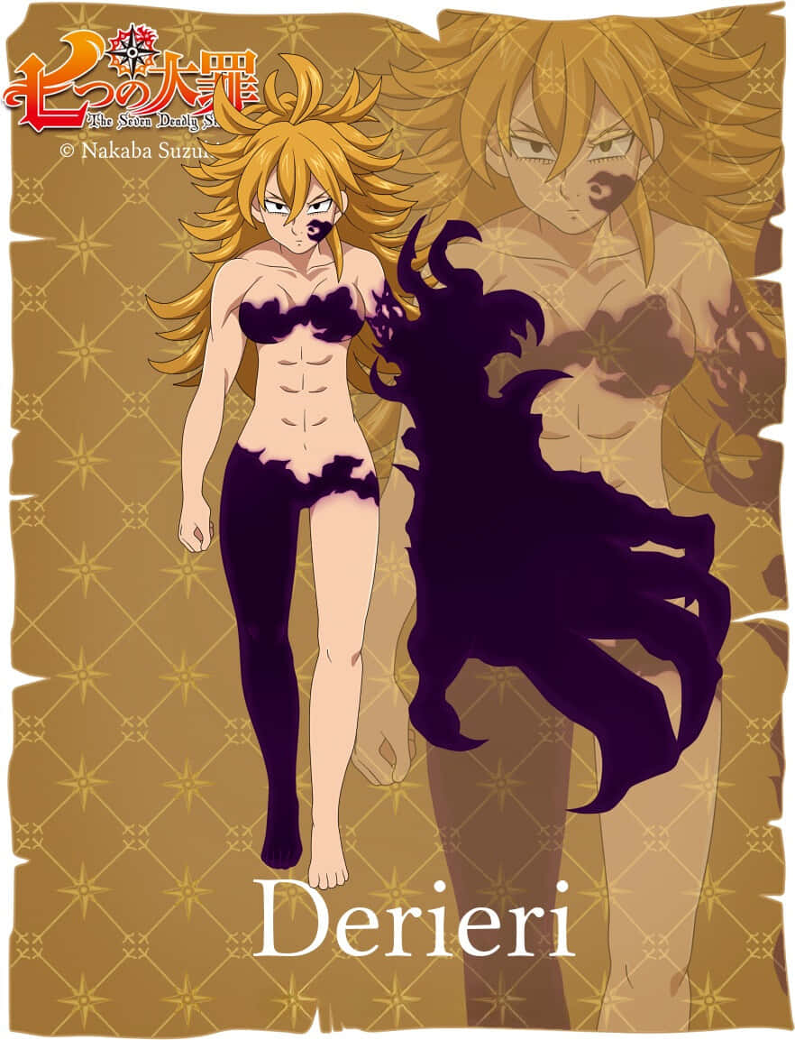 Seven Deadly Sins Derieri 桌布 壁紙 — 一個兇猛的動漫女孩，有著尖刺金髮和深紫色標記，站在一個陰影惡魔形象前，背景是金色圖案。