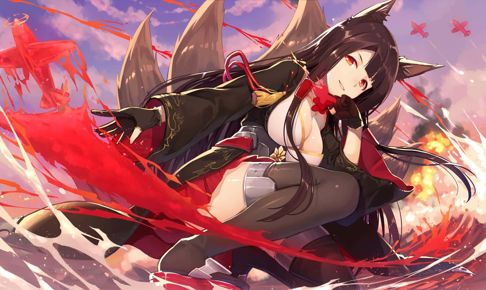 Azur Lane 桌布 壁紙 — 一個兇猛的動漫女孩，有貓耳和紅眼睛，在熾熱的爆炸和墜落的飛機中揮舞著發光的紅色劍。