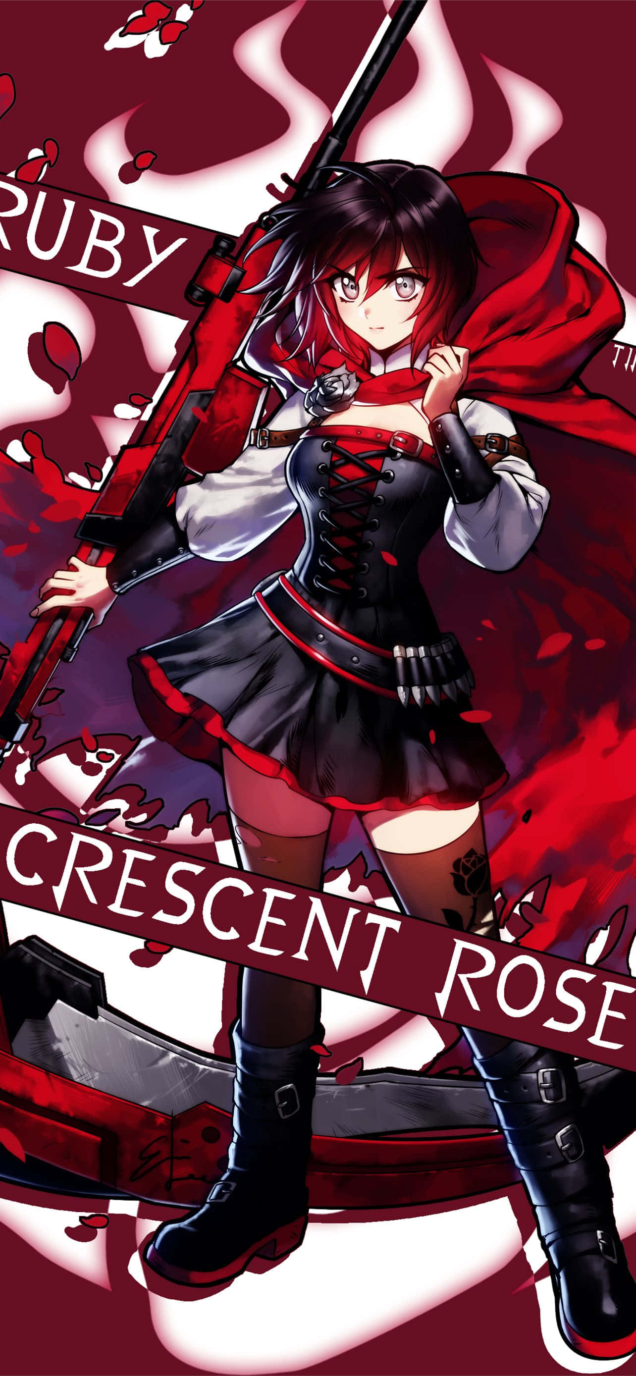 Rwby 桌布 壁紙 — 一個兇猛的動漫女孩，深色頭髮，紅色斗篷，在血紅色背景上揮舞步槍，帶有浮動文字。