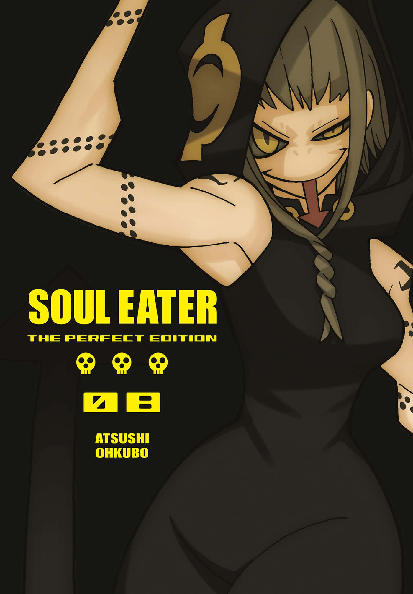 Soul Eater 桌布 壁紙 — 一個兇猛的動漫女孩，灰色頭髮和黃色眼睛，在黑色背景上彎曲手臂，上面有粗體黃色文字。