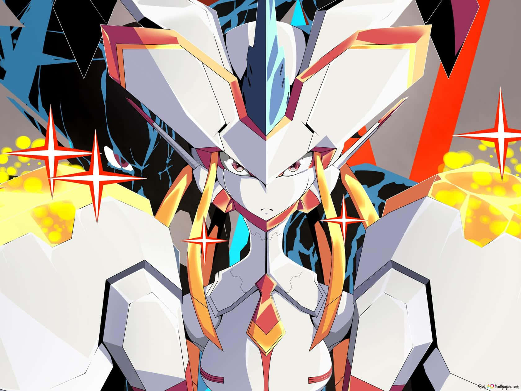 Darling In The Franxx Phone 桌布 壁紙 — 一個兇猛的動漫女孩，穿著白色和橙色的盔甲，眼睛發光，還有星爆，背景是黑暗抽象的。
