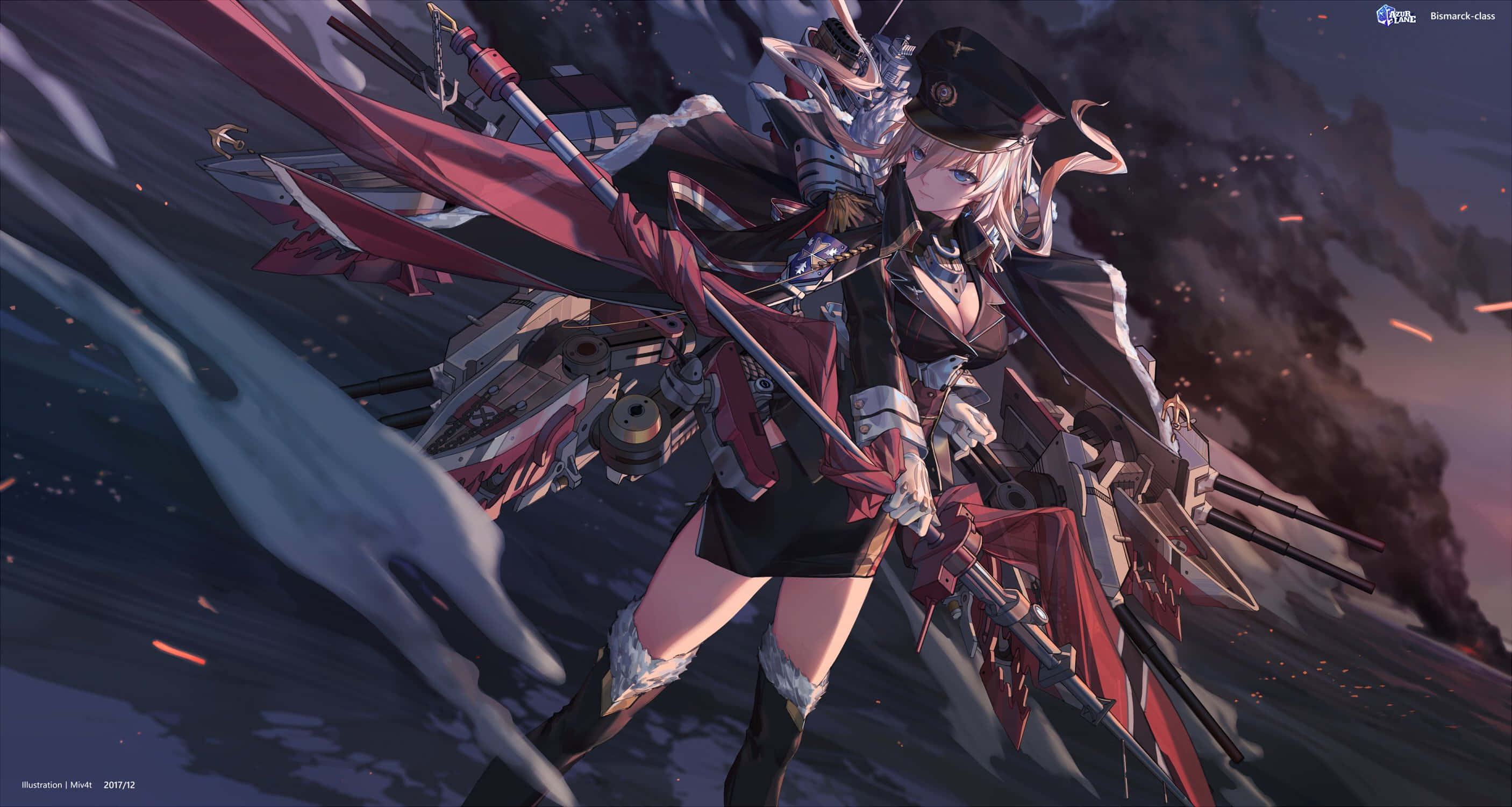 Anime Character 桌布 壁紙 — 一個兇猛的動漫女孩，穿著紅色斗篷和機械裝甲，在黑暗煙霧背景前準備戰鬥。