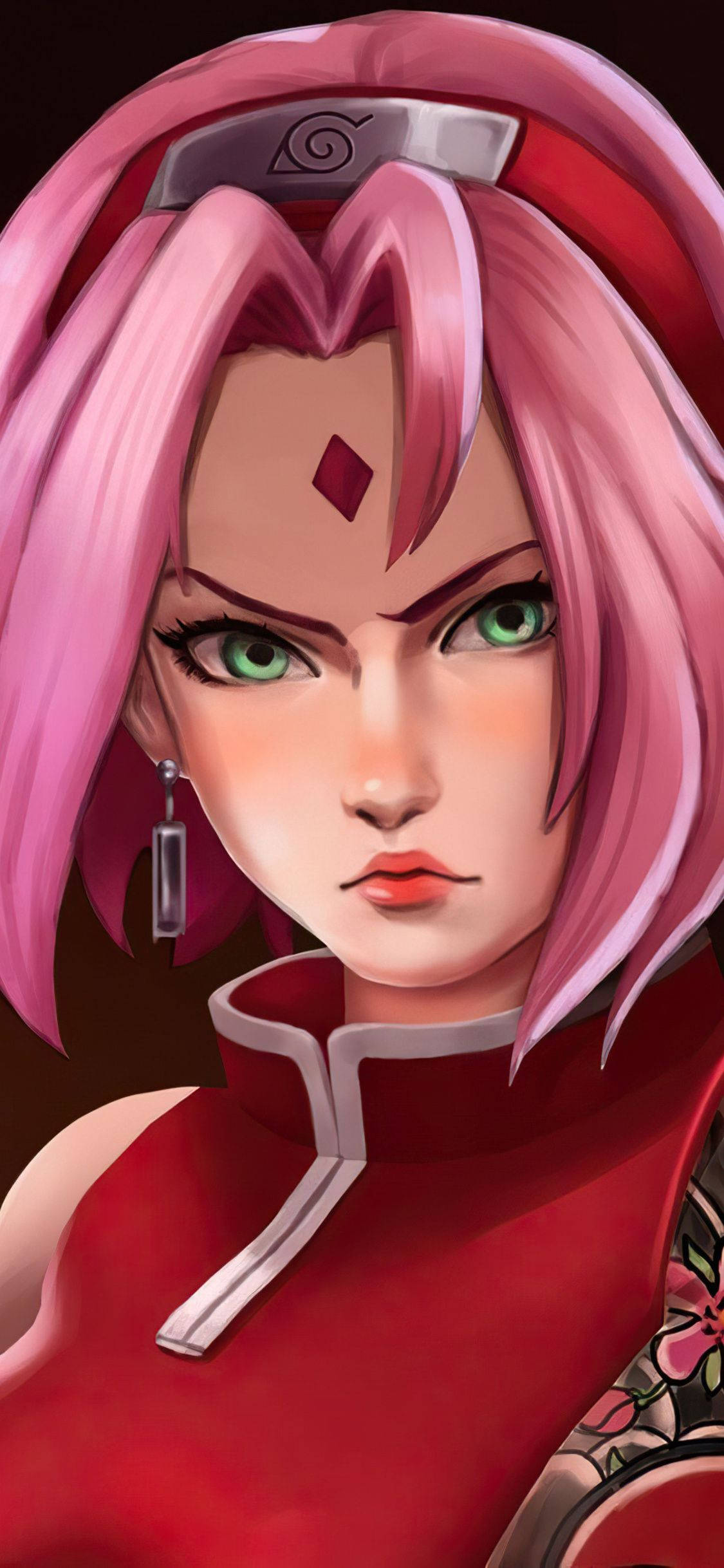 Sakura Haruno 桌布 壁紙 — 一個兇猛的動漫女孩，粉紅色頭髮，綠色眼睛，穿著紅色忍者服，強烈地凝視著觀眾。