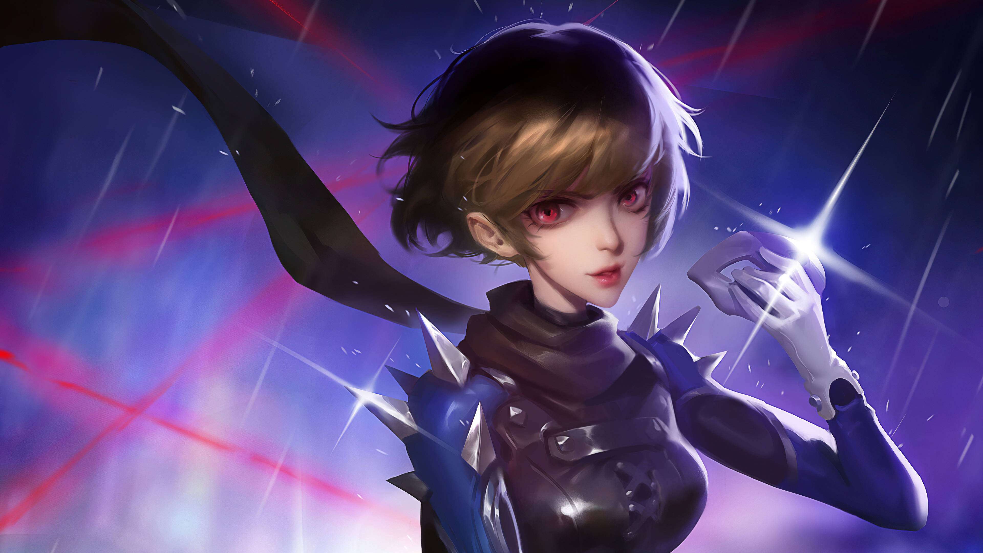 persona 5 4K 桌布 壁紙 — 一個兇猛的動漫女孩，紅眼睛，穿著尖刺盔甲，站在風暴般的紫色和紅色數位風暴中，散發著能量光芒。