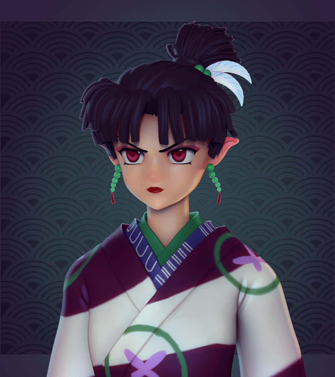 Inuyasha Kagura 桌布 壁紙 — 一個兇猛的動漫女孩，紅眼睛、黑頭髮，頭上有白色羽毛裝飾，穿著印花和服，背景是波浪圖案。