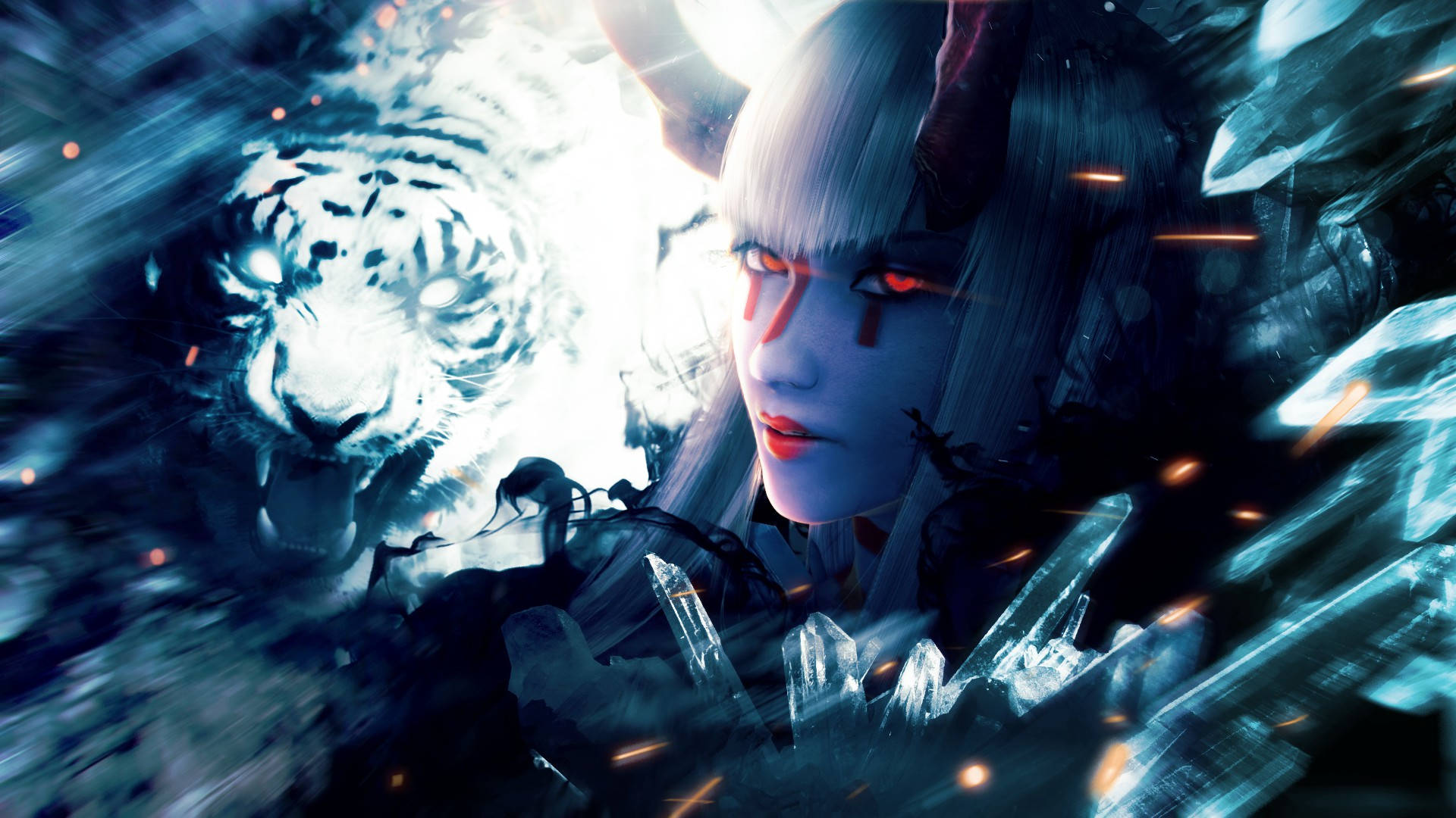 horns 桌布 壁紙 — 一個兇猛的動漫女孩，紅眼睛和角，站在發光的白虎旁邊，周圍是破碎的水晶和火花。