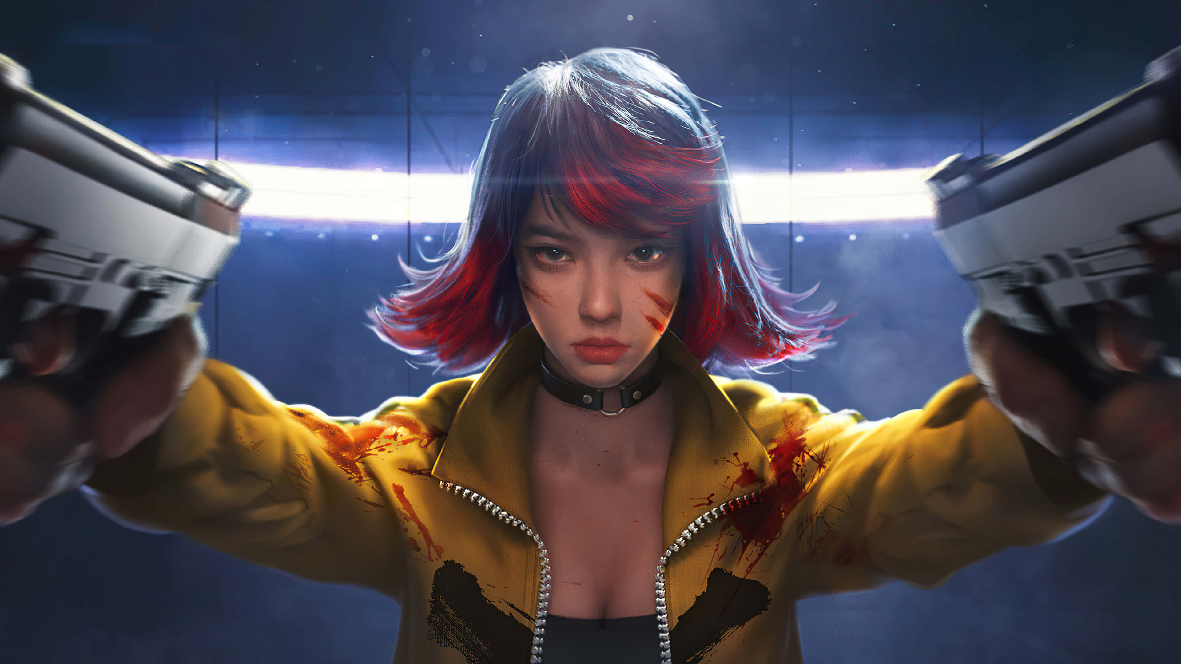 Free Fire 桌布 壁紙 — 一個兇猛的動漫女孩，紅藍頭髮，在黑暗、霓虹燈照亮的城市環境中，雙手握著兩把手槍指向前方。