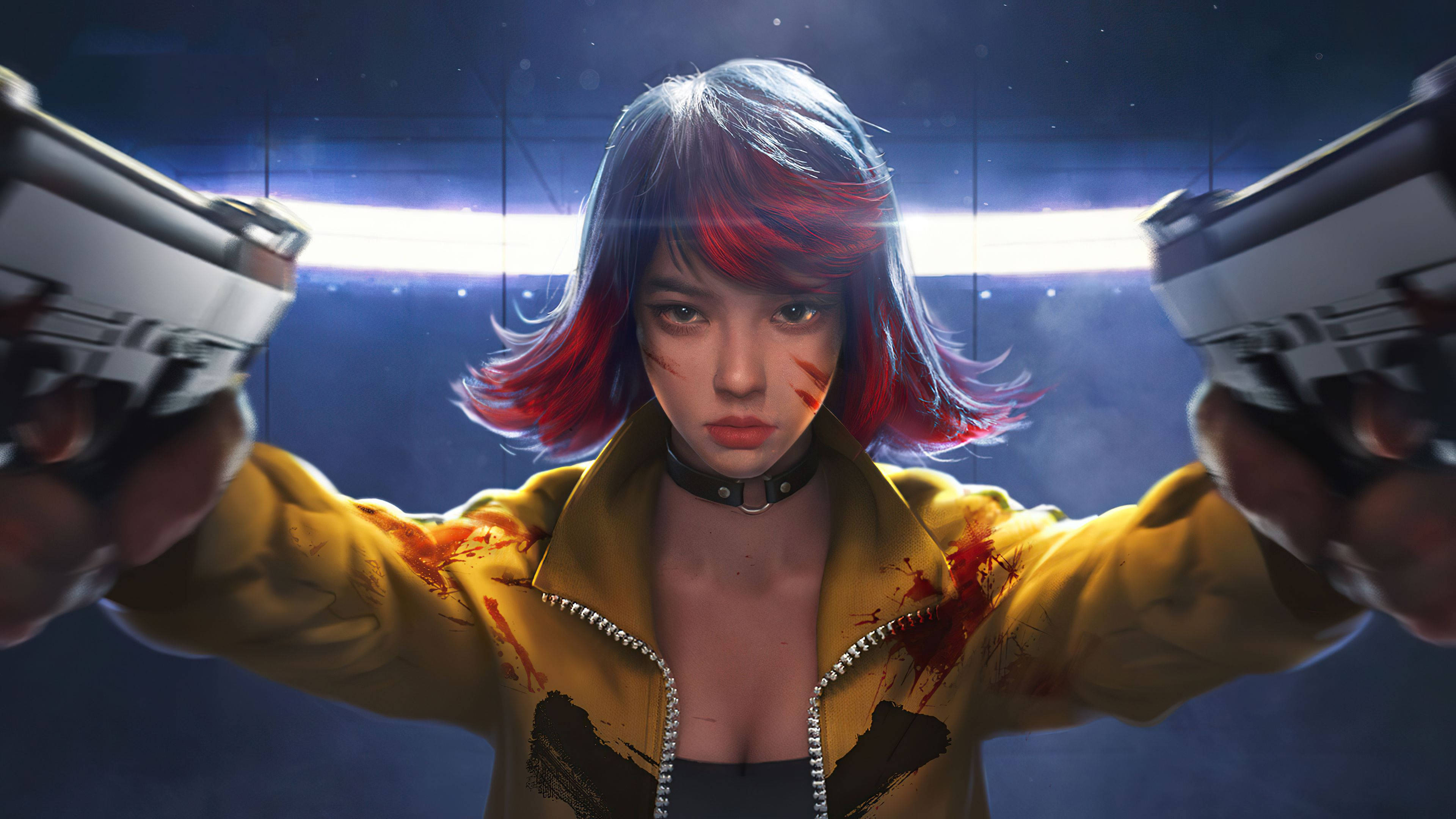 free fire 4K 桌布 壁紙 — 一個兇猛的動漫女孩，紅藍頭髮，在昏暗的競技場中，於發光的光束下手持兩把手槍。