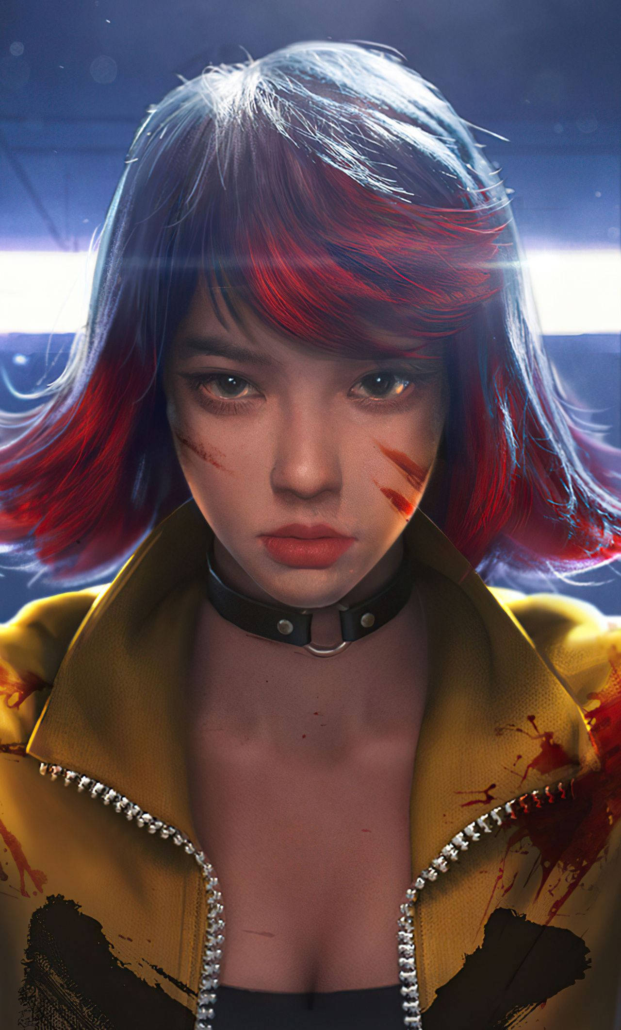 free fire 2021 桌布 壁紙 — 一個兇猛的動漫女孩，紅藍頭髮，黃色外套上有血跡，在霓虹燈下強烈地凝視著觀眾。