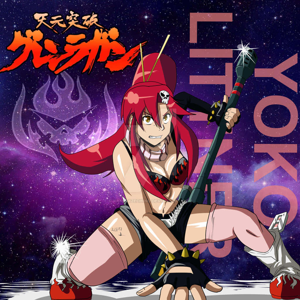 yoko littner 桌布 壁紙 — 一個兇猛的動漫女孩，紅髮和骷髏飾物，在星光燦爛的紫色宇宙背景下揮舞著發光的法杖。