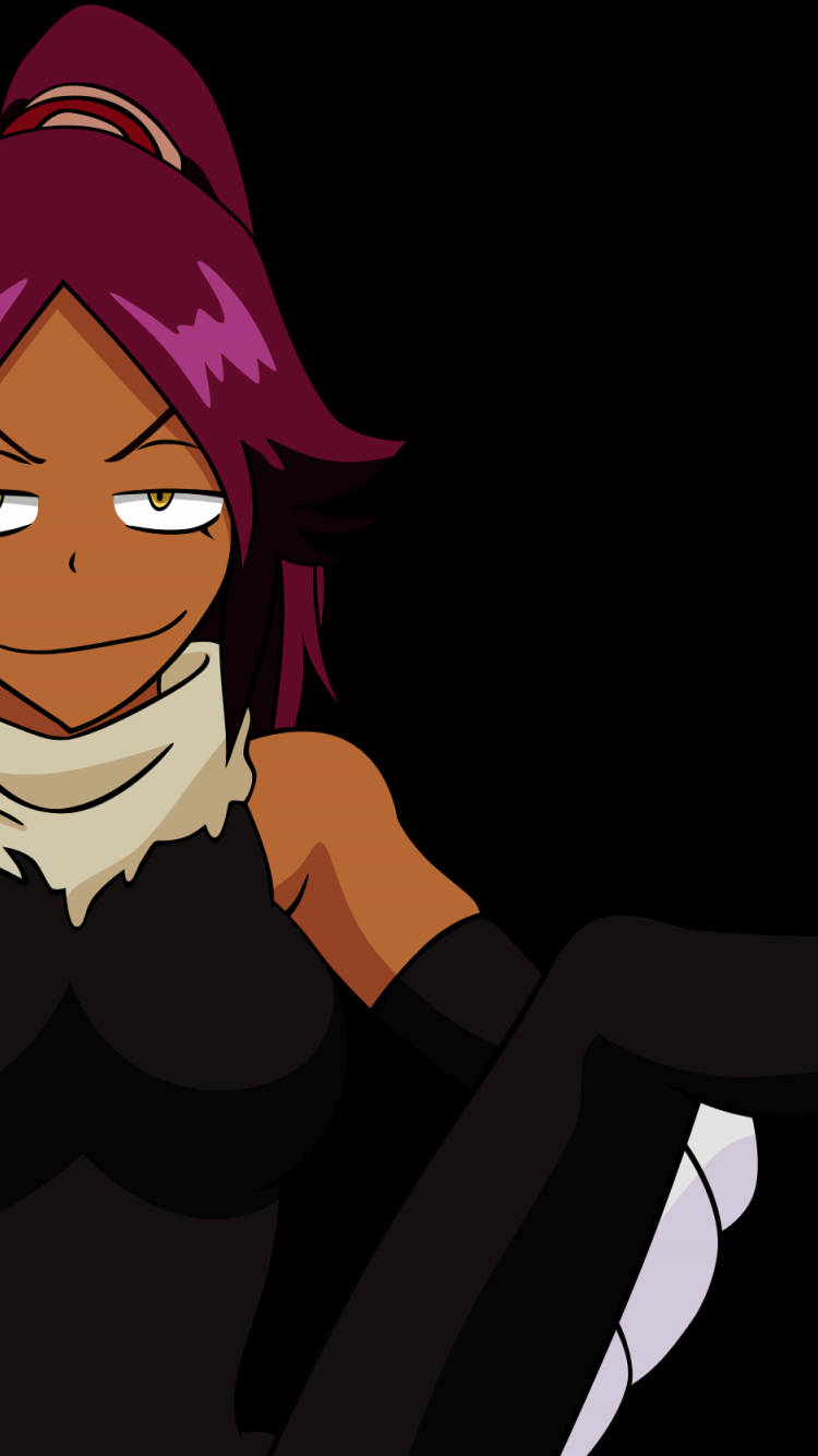 Yoruichi 桌布 壁紙 — 一個兇猛的動漫女孩，紫色頭髮和白色圍巾，在黑色背景下強烈凝視。