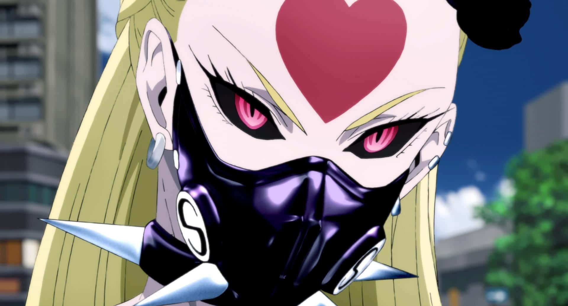 One Punch Man Season 2 桌布 壁紙 — 一個兇猛的動漫女孩，金髮，額頭上有個紅色愛心，戴著一個紫色尖刺面具，眼睛是發光的粉紅色。