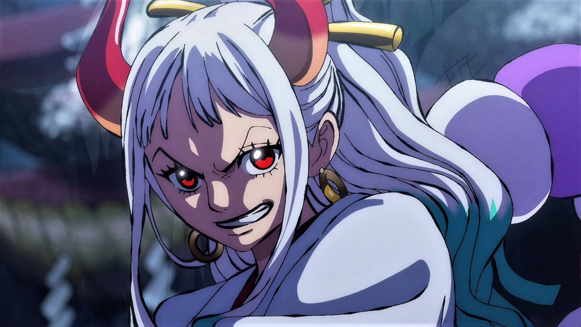 Anime Profile 桌布 壁紙 — 一個兇猛的動漫女孩，銀色頭髮、紅色眼睛和魔鬼角，在黑暗風暴背景下強烈地瞪著。