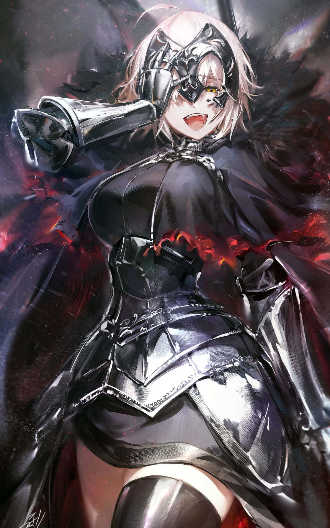 Fate/Grand Order 桌布 壁紙 — 一個兇猛的動漫女孩，銀色頭髮和機械面具，在深紅和黑色的宇宙背景下揮舞著發光的劍。