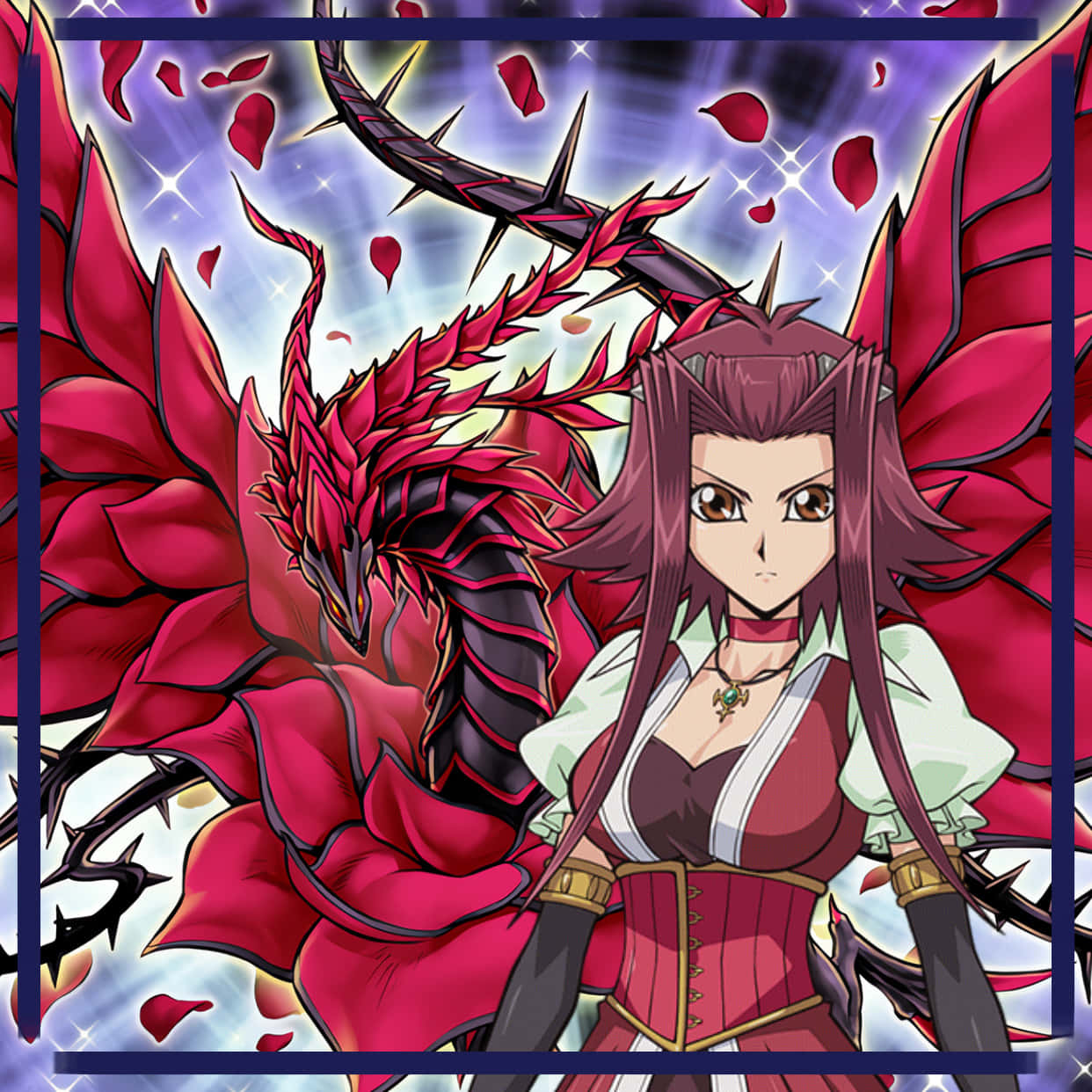 Akiza Izinski 桌布 壁紙 — 一個兇猛的動漫女孩，長長的紫色頭髮，站在一隻紅色有刺的龍旁邊，玫瑰花瓣在他們周圍旋轉，背景是閃爍的宇宙。