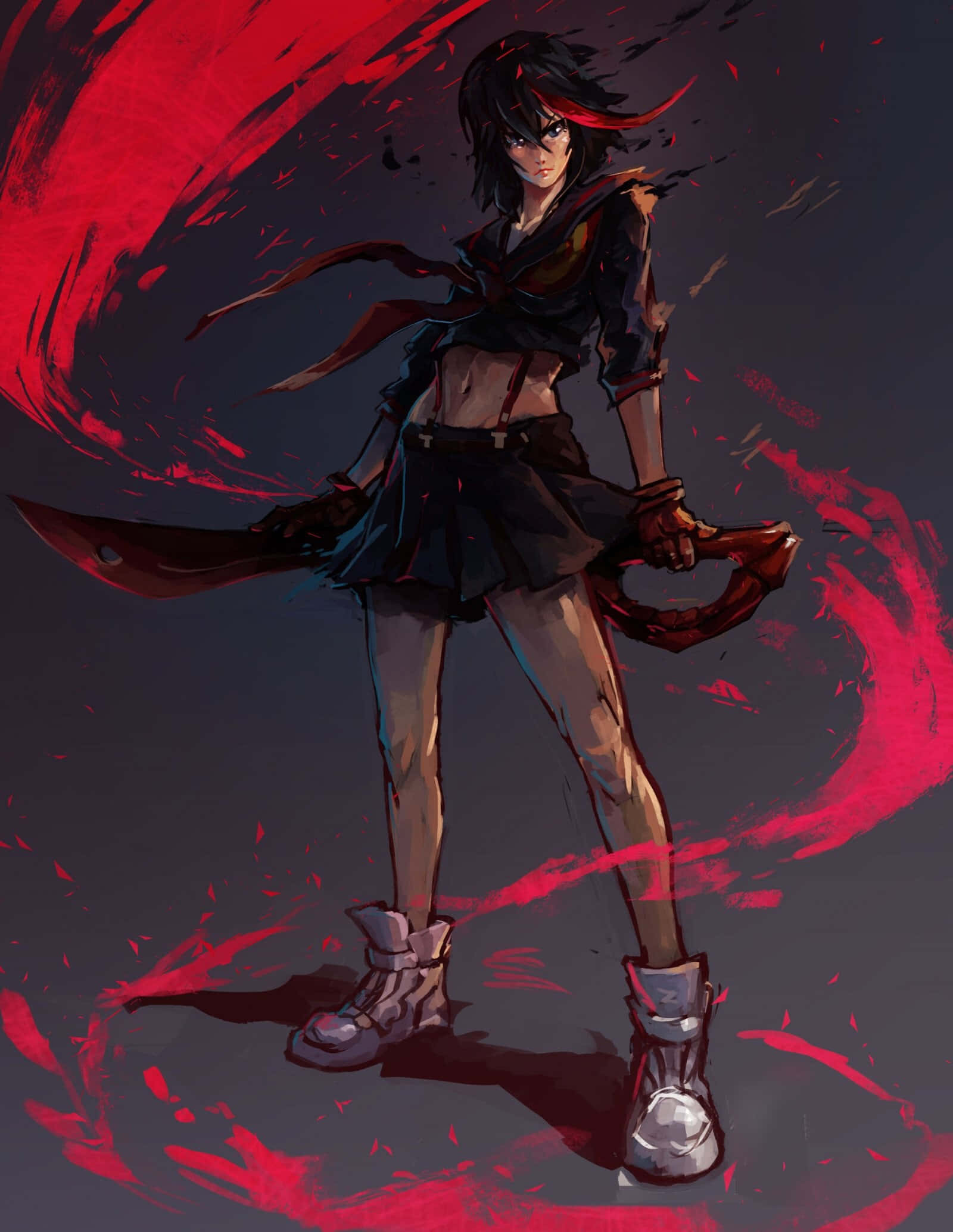 Kill La Kill Senketsu 桌布 壁紙 — 一個兇猛的動漫女孩，黑髮帶有紅色挑染，在旋轉的紅色背景中揮舞著一把大刀。