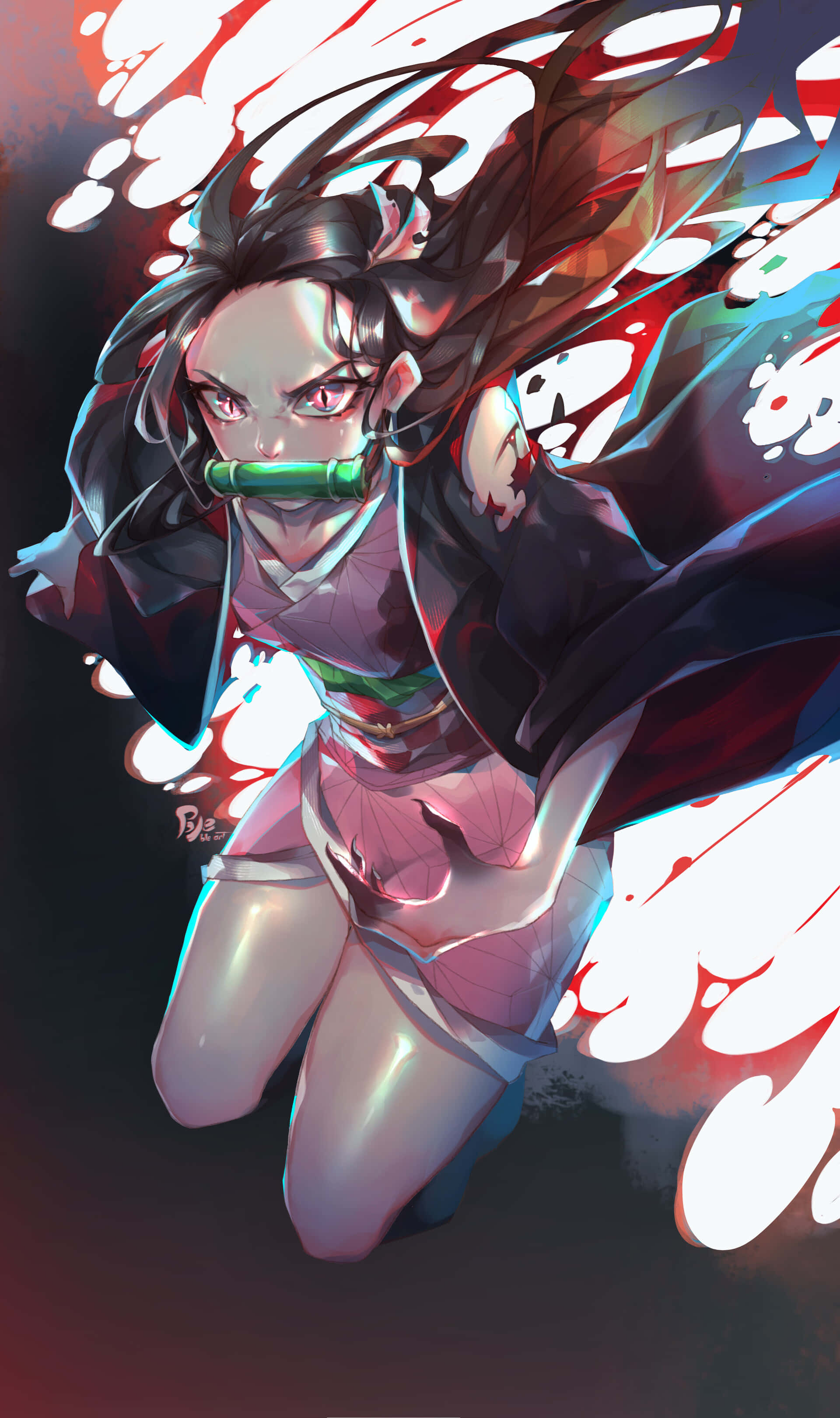鬼滅之刃 桌布 壁紙 — 一個兇猛的動漫女孩，黑髮紅眼，以動態姿勢跪著，周圍環繞著旋轉的紅色和白色能量。