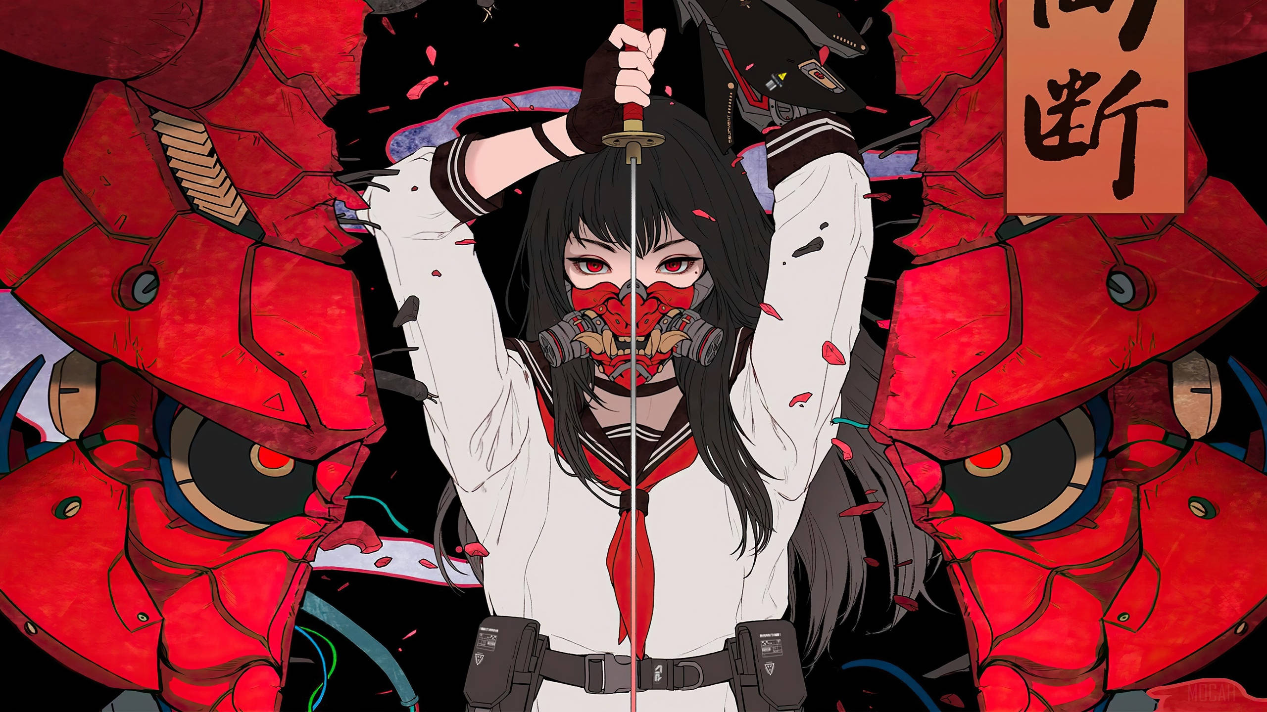 Oni 桌布 壁紙 — 一個兇猛的動漫女孩穿著白色校服，在黑暗背景中於兩個紅色裝甲機器人之間揮舞劍。