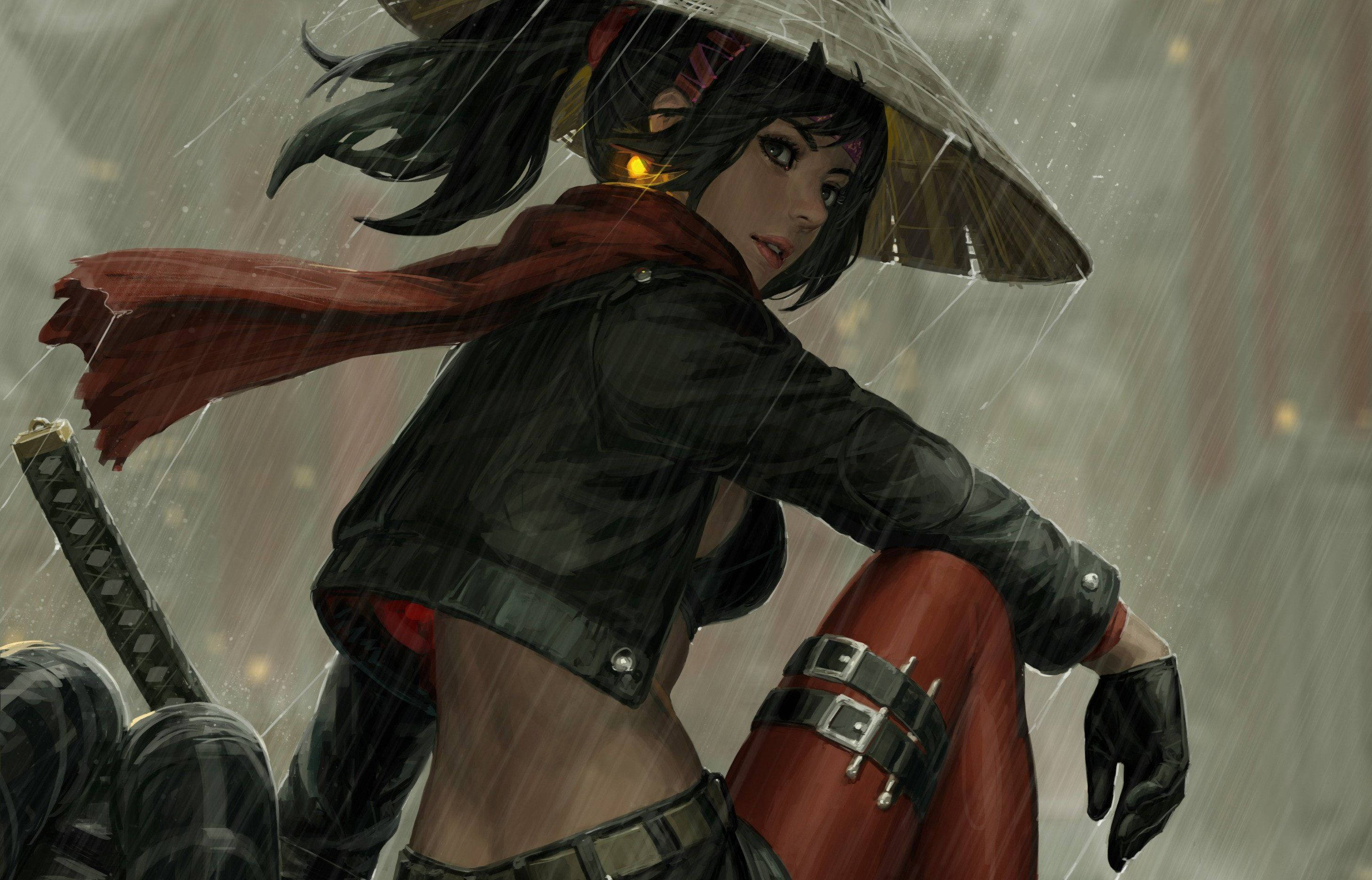 Samurai Art 桌布 壁紙 — 一個兇猛的動漫女戰士，戴著紅色圍巾和劍，在寬邊帽下的大雨中挑釁地站著。