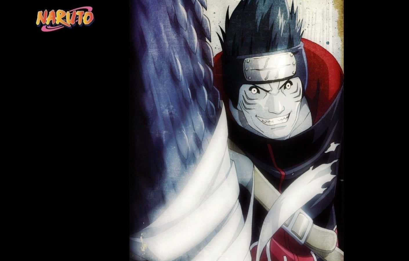 Akatsuki Ninja 桌布 壁紙 — 一個兇猛的動漫忍者，有著刺刺的黑色頭髮和老虎條紋的臉，拿著一把巨大的藍白武器，做出鬼臉。