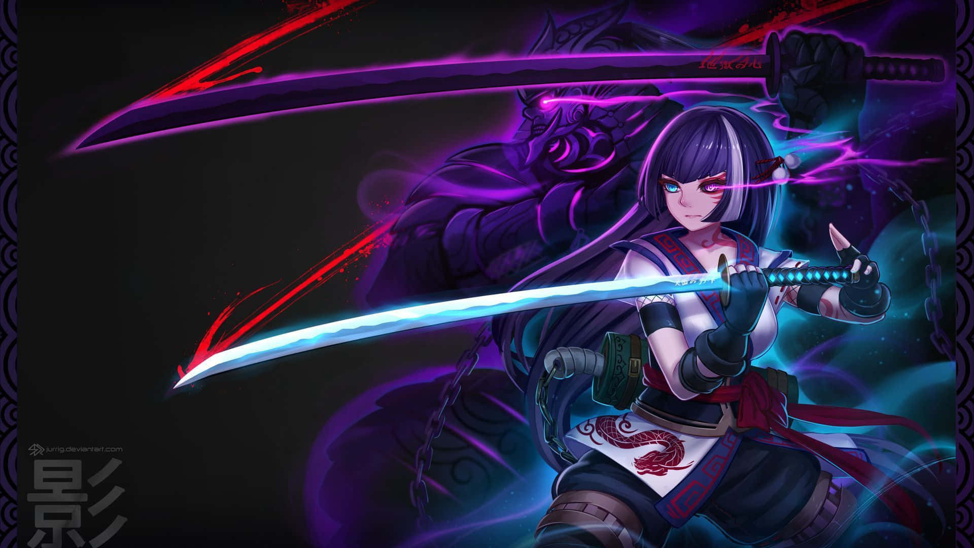Purple Anime 桌布 壁紙 — 一個兇猛的動漫忍者女孩在黑暗神秘背景中揮舞發光的劍，帶有紫色和藍色的能量效果。