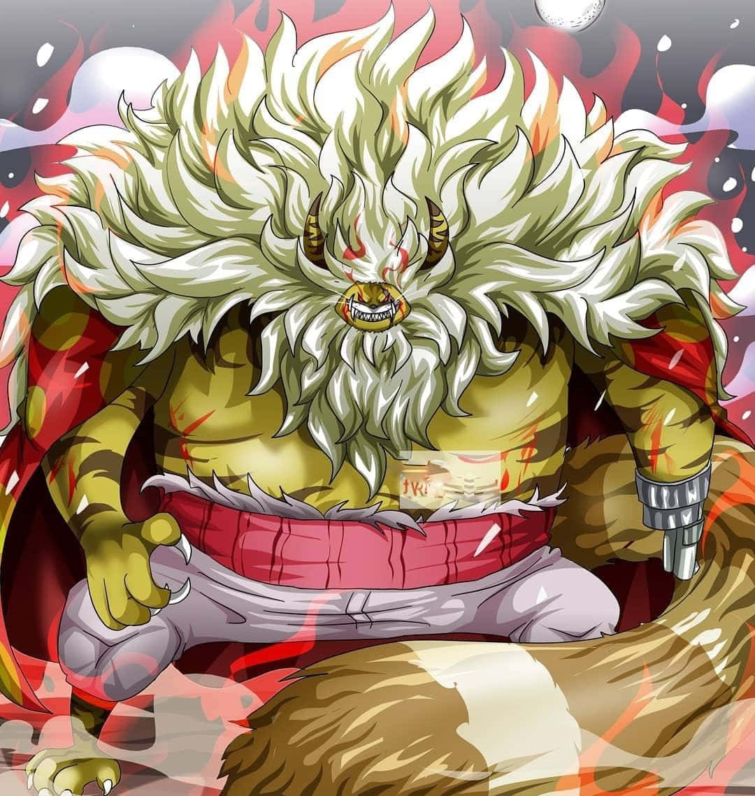 Nekomamushi 桌布 壁紙 — 一個兇猛的動漫惡魔，有著白色尖刺頭髮和角，在火紅和黑色的背景中咆哮。