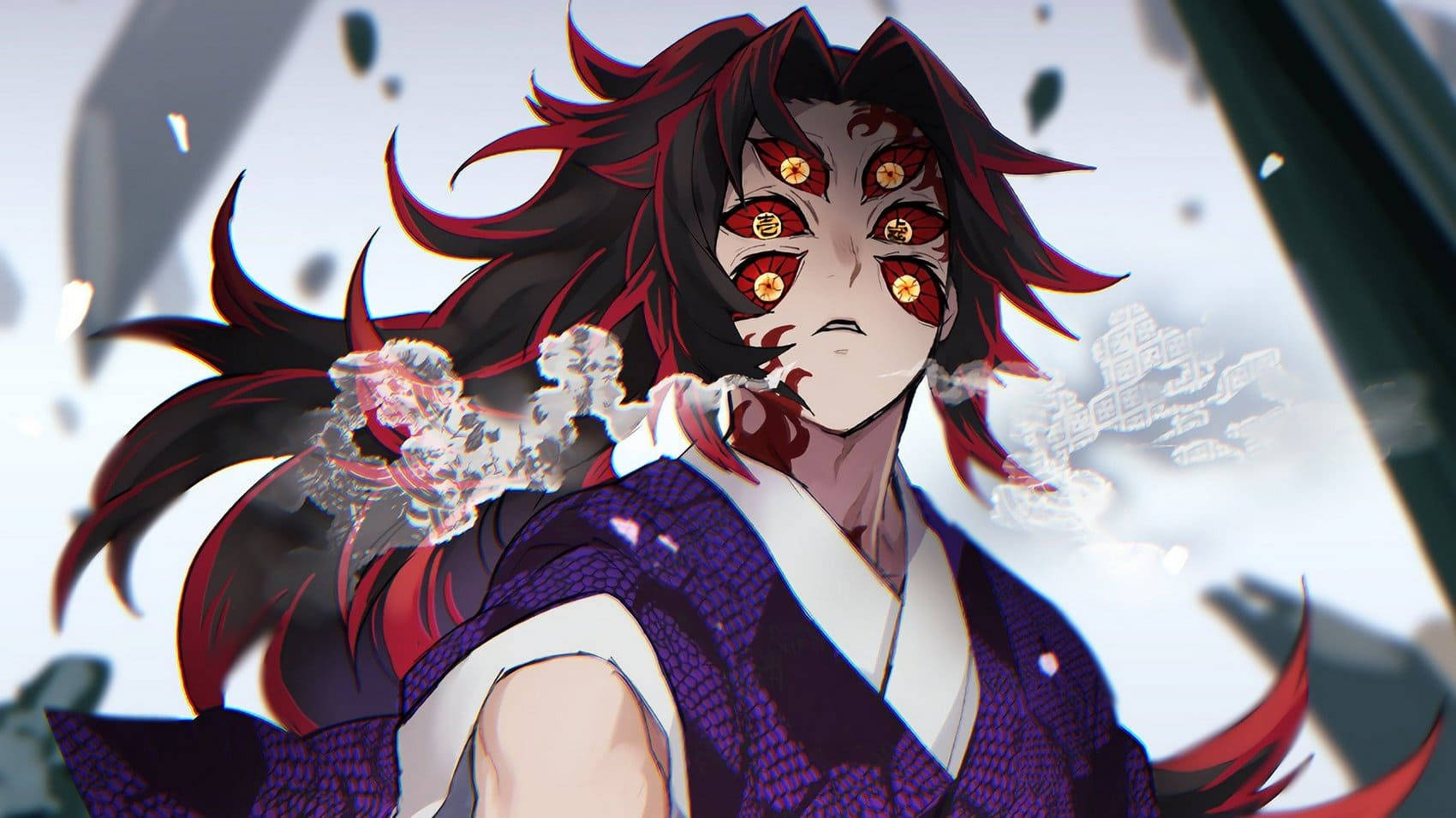 桌布 壁紙 — 一個兇猛的動漫惡魔，紅眼睛，飄逸的黑紅頭髮，穿著紫色和服，身處旋轉的迷霧和破碎的碎片中。