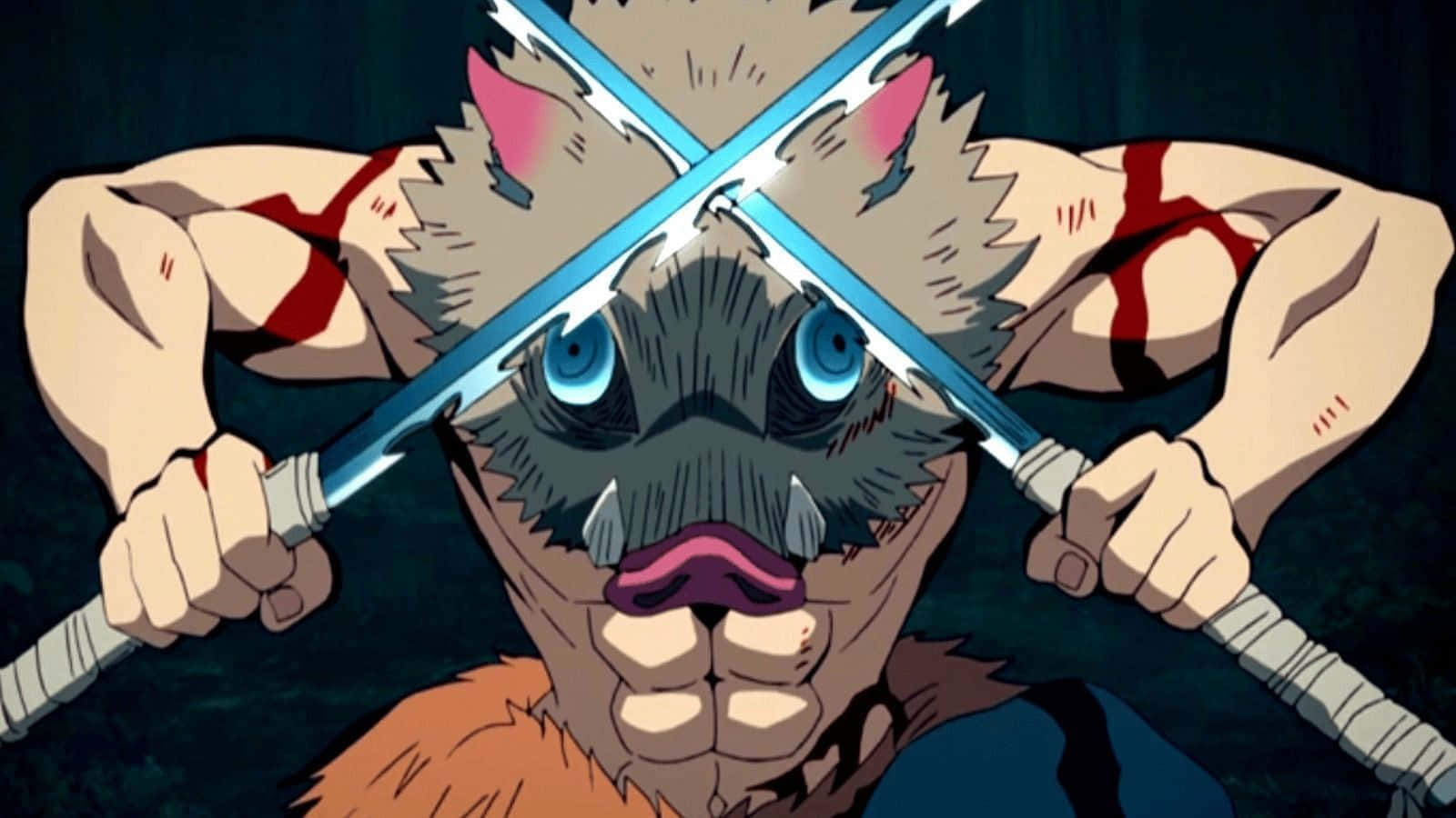 Nichirin Blades 桌布 壁紙 — 一個兇猛的動漫惡魔，藍色眼睛，交叉的劍，在黑暗背景下強烈凝視。