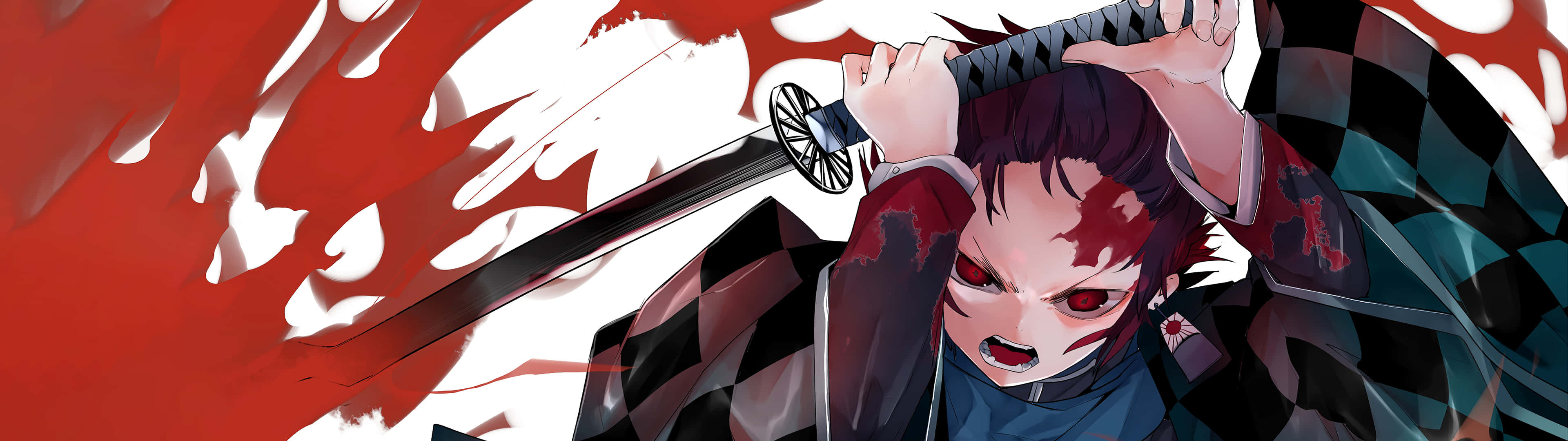 3840 X 1080 Anime HD 桌布 壁紙 — 一個兇猛的動漫惡魔殺手，紅眼睛，滿臉鮮血，在旋轉的紅白背景下緊握他的劍。