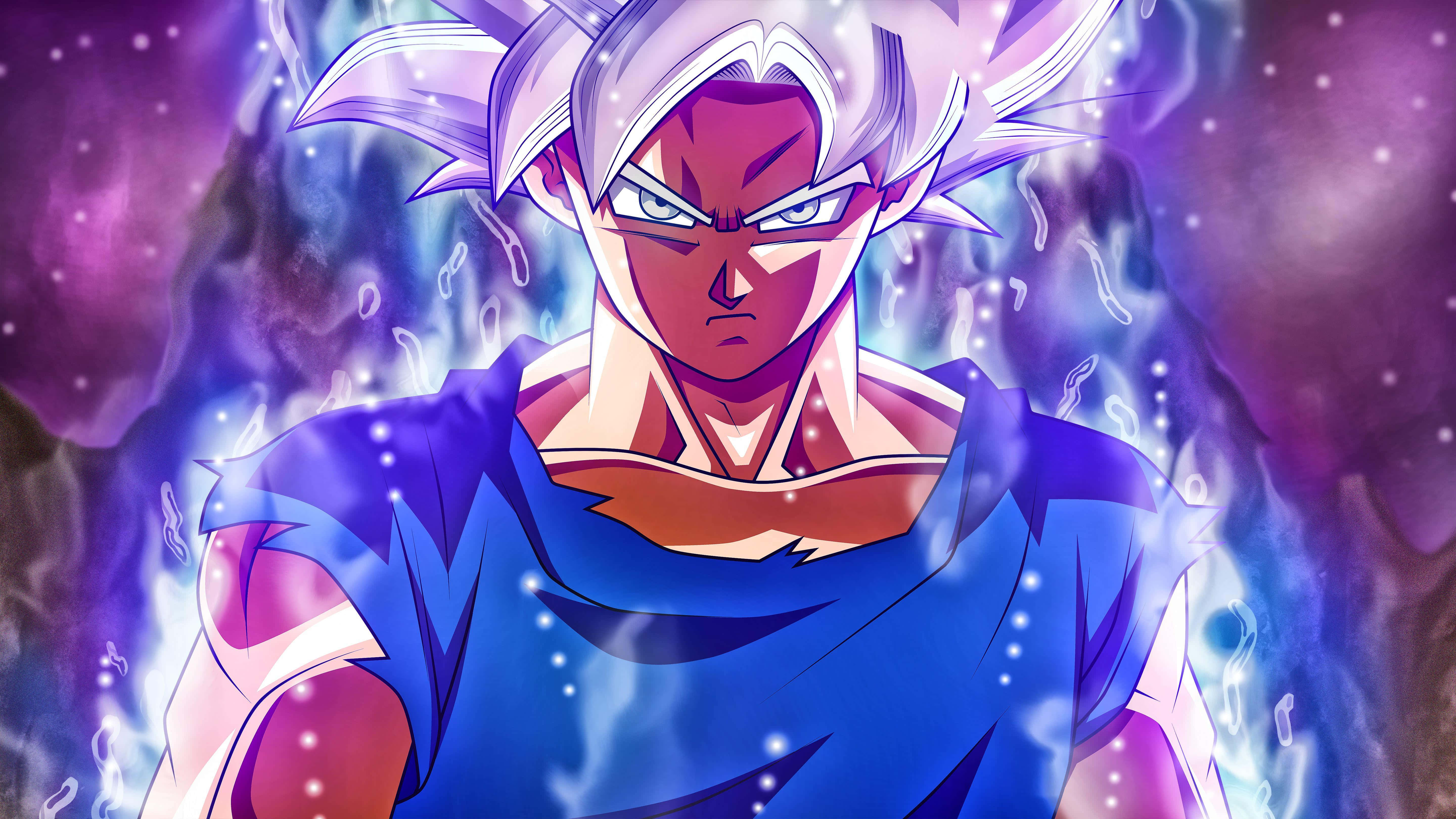 Cool Dragon Ball 桌布 壁紙 — 一個兇猛的動漫戰士，擁有尖刺的白髮和發光的藍色光環，在宇宙紫色和藍色背景下散發力量。