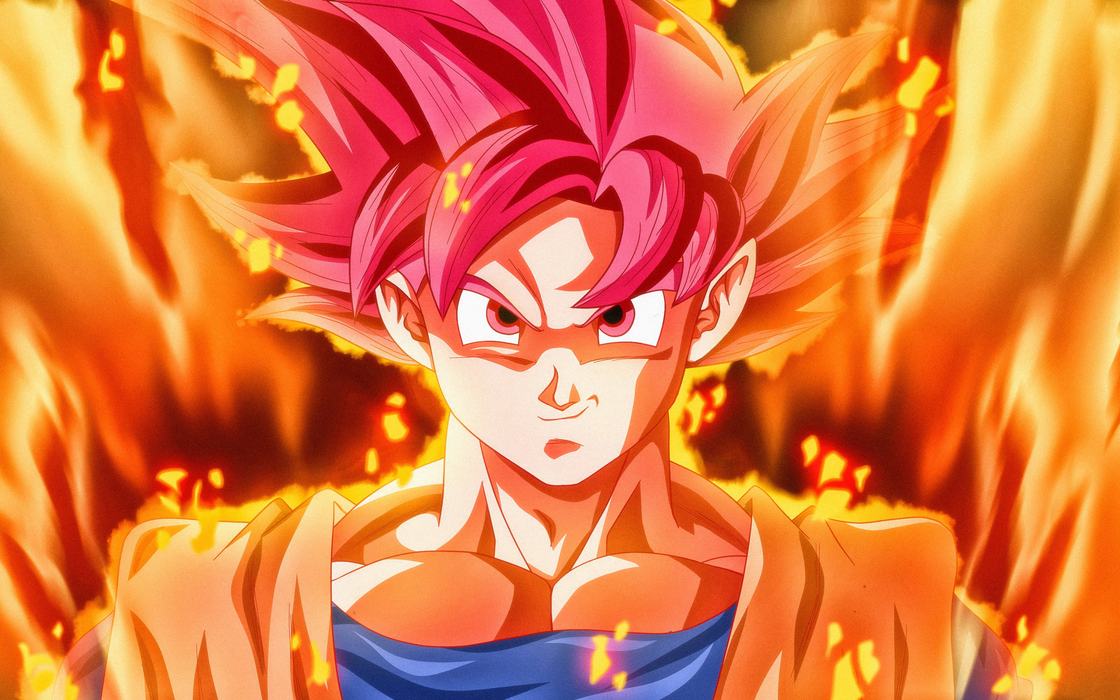 black goku rose 4K 桌布 壁紙 — 一個兇猛的動漫戰士，擁有尖刺的粉紅色頭髮和發光的眼睛，站立在咆哮的橙色火焰中。