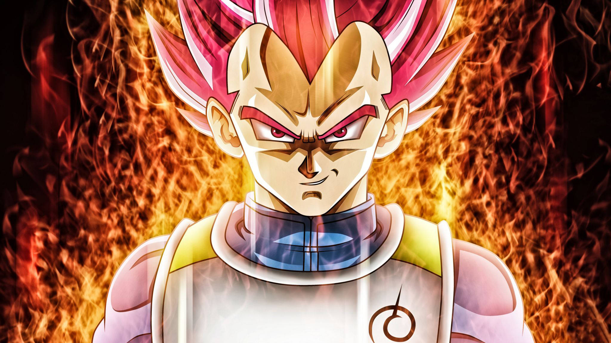 Fire Anime 桌布 壁紙 — 一個兇猛的動漫戰士，擁有尖刺的粉紅色頭髮和發光的眼睛，站在咆哮的橙色火焰背景前。