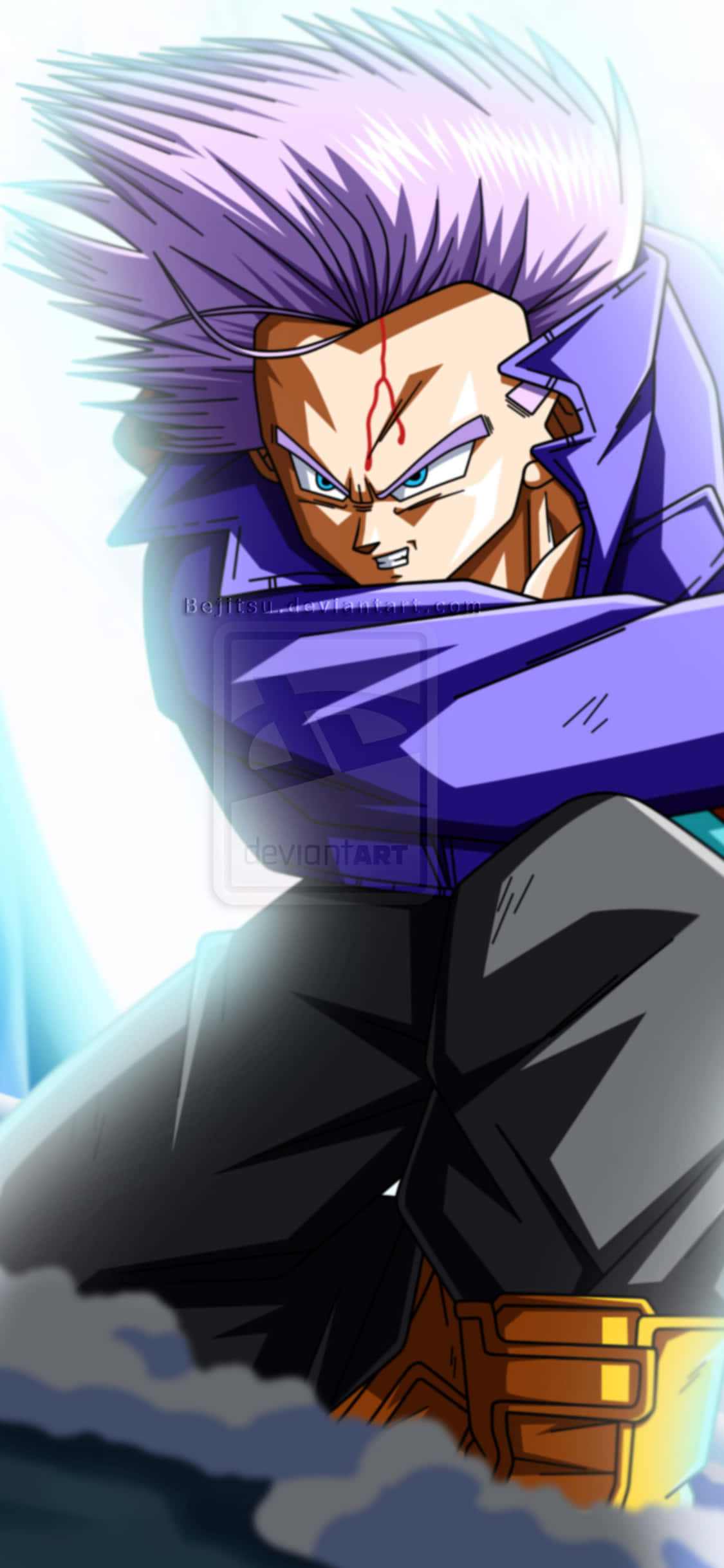 Dragon Ball Z Trunks 桌布 壁紙 — 一個兇猛的動漫戰士，擁有尖刺的紫色頭髮和血淋淋的額頭，在明亮的天空下強烈地凝視。