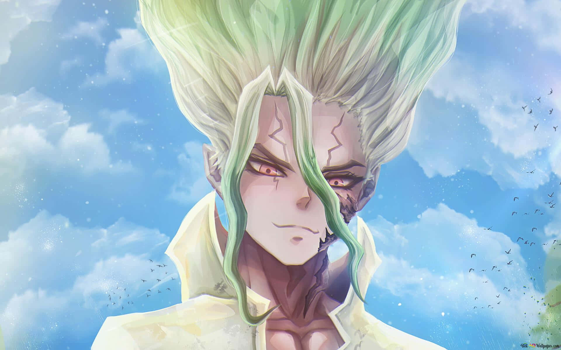 Dr.STONE 新石紀 桌布 壁紙 — 一個兇猛的動漫戰士，擁有尖刺的綠色頭髮和紅色眼睛，站在充滿雲朵和飛鳥的明亮藍天下。
