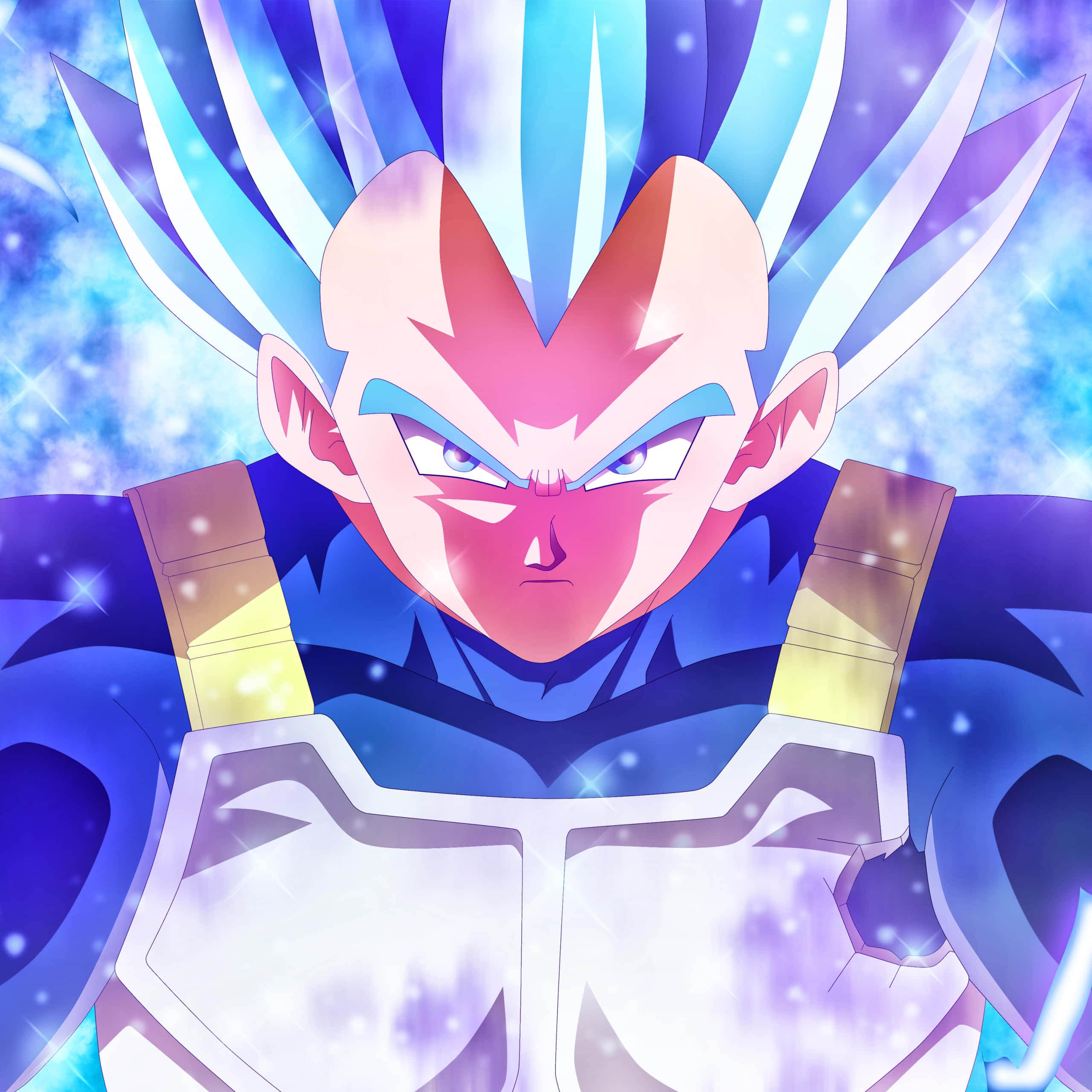 Cool Vegeta 桌布 壁紙 — 一個兇猛的動漫戰士，擁有尖刺的藍白頭髮和發光的眼睛，在閃爍的宇宙背景下凝視著。