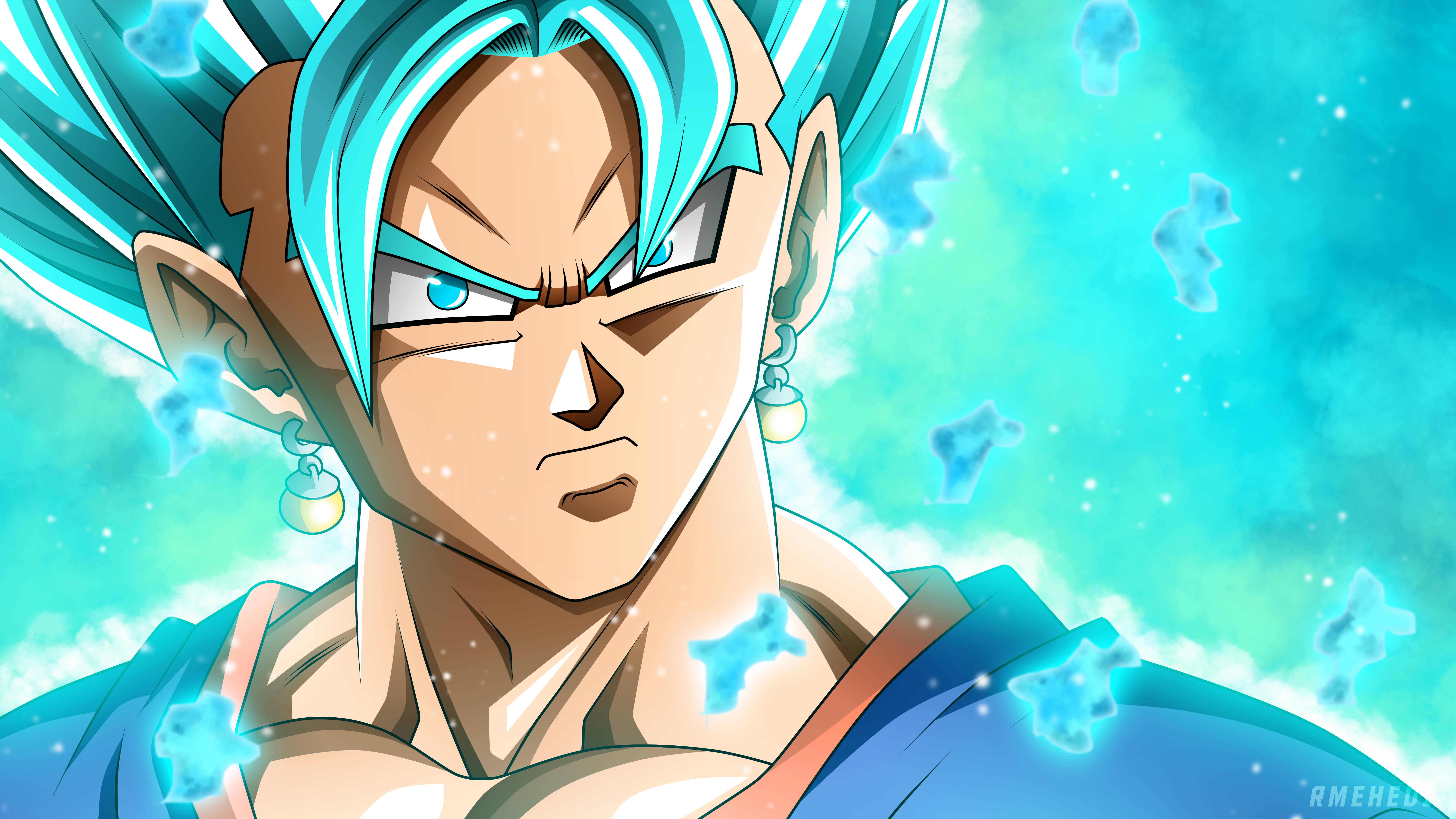 Vegito 桌布 壁紙 — 一個兇猛的動漫戰士，擁有尖刺的藍色頭髮和發光的光環，在旋轉的藍綠色宇宙背景下凝視著。