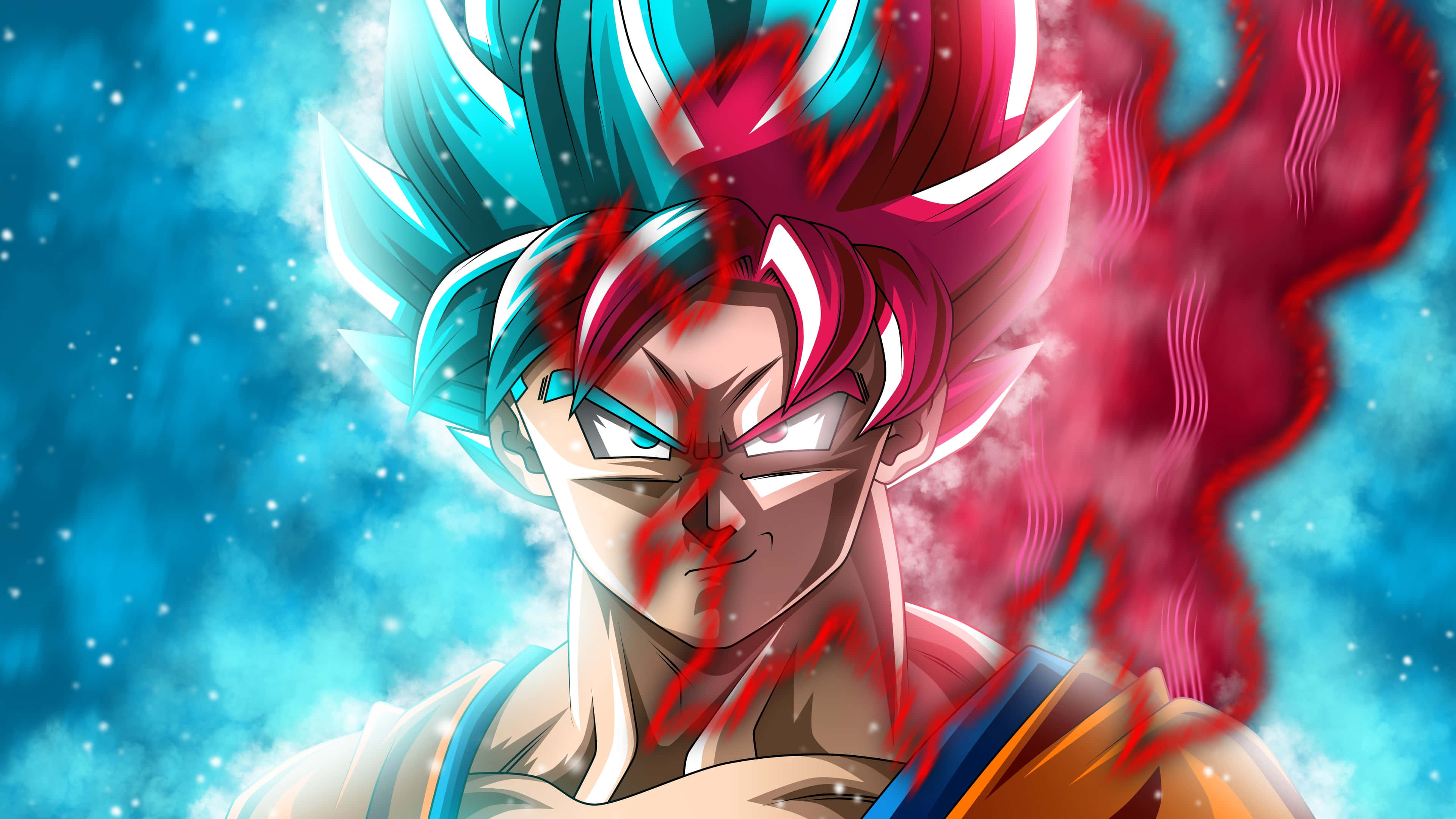 Cool Dragon Ball 桌布 壁紙 — 一個兇猛的動漫戰士，擁有尖刺的藍色和粉紅色頭髮，在紅色能量旋轉的宇宙星空背景下怒視。