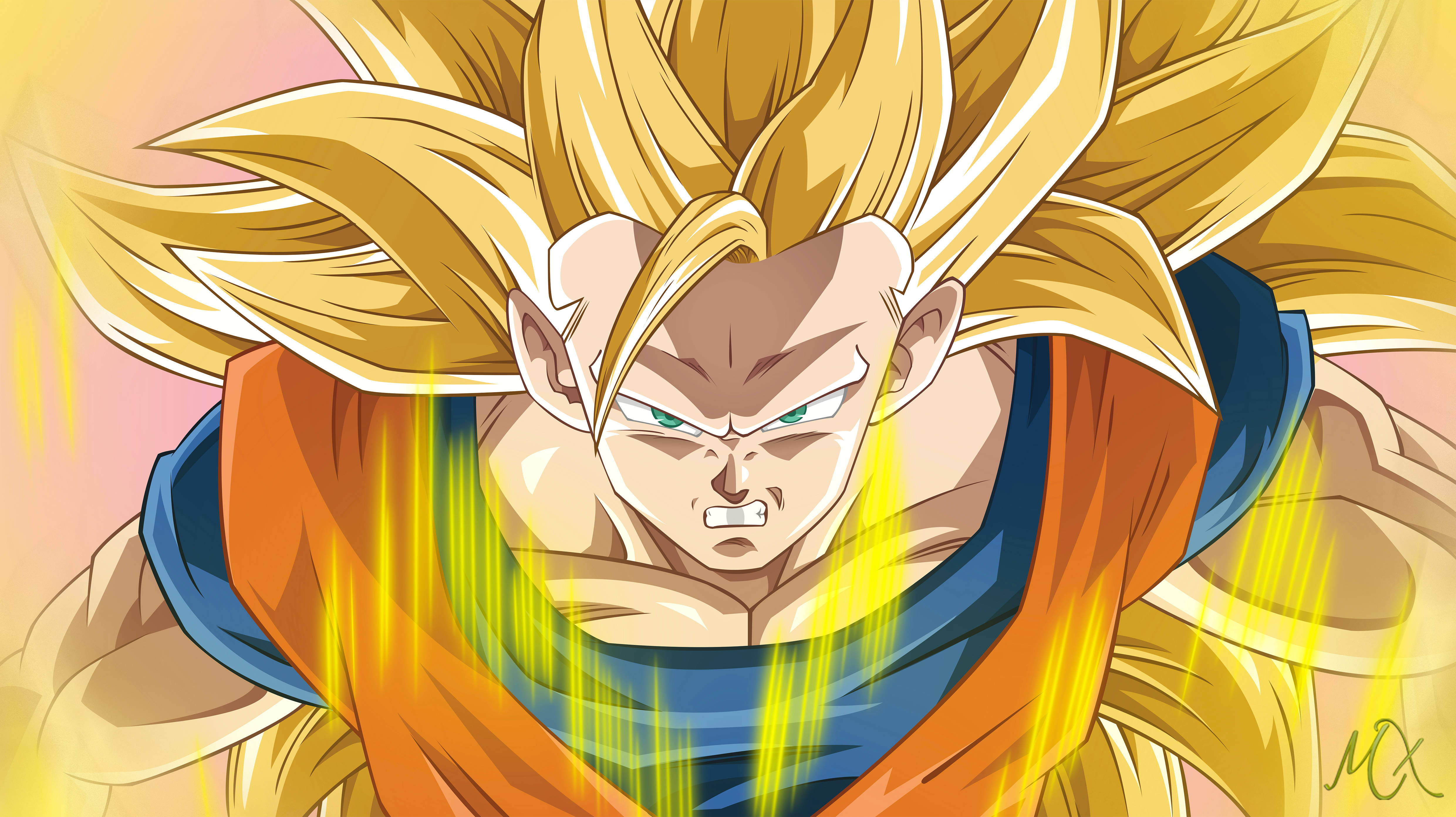 Goku Ssj3 桌布 壁紙 — 一個兇猛的動漫戰士，擁有尖刺的金色頭髮和發光的氣場，在動態特寫中專注地向前凝視。