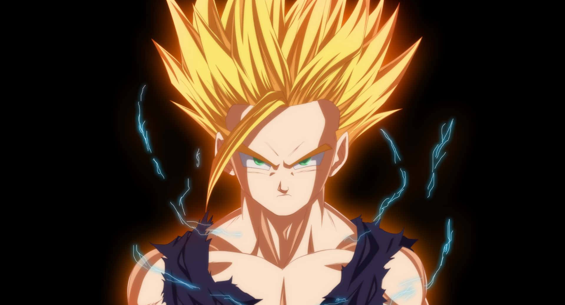 Teen Gohan 桌布 壁紙 — 一個兇猛的動漫戰士，擁有尖刺的金色頭髮和發光的綠色眼睛，在黑色背景上散發出藍色閃電。